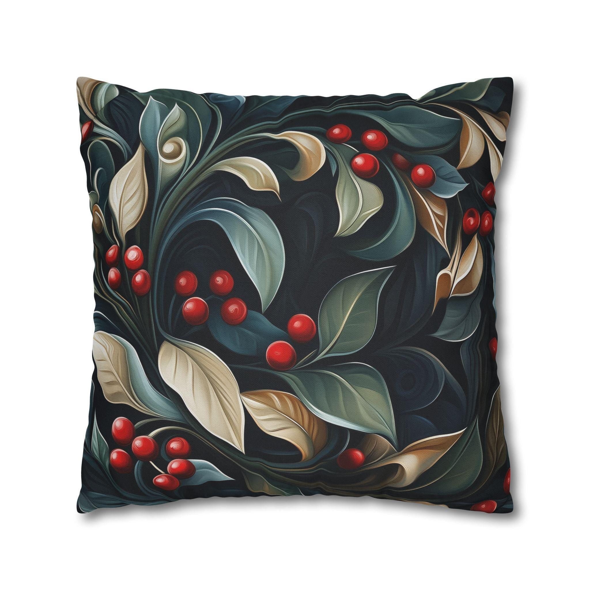 Christmas Botanical Square Pillowcase, Elegant Holly Leaves & Berries Design Cushion Cover