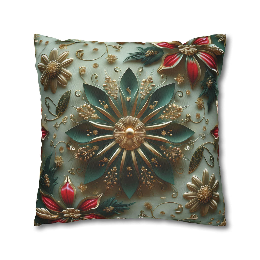 Elegant Christmas Pillow Cover: Snowflake, Poinsettias, Gold Details