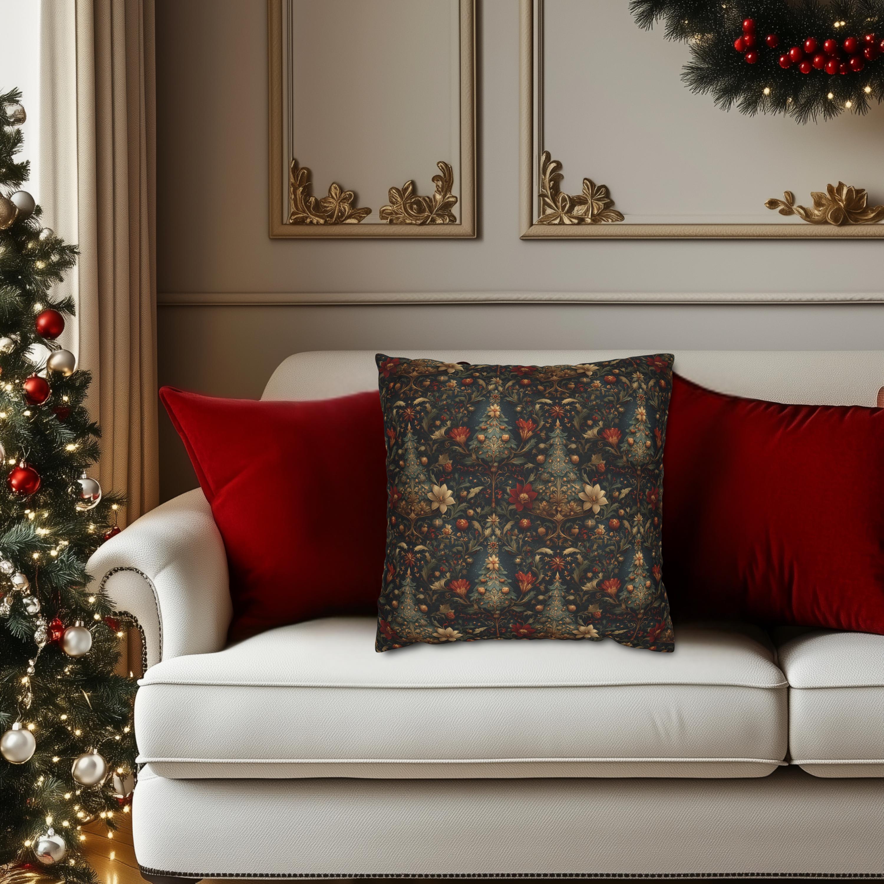 Intricate Christmas Trees and Florals Pillow Cover: William Morris Style Holiday Botanical Design