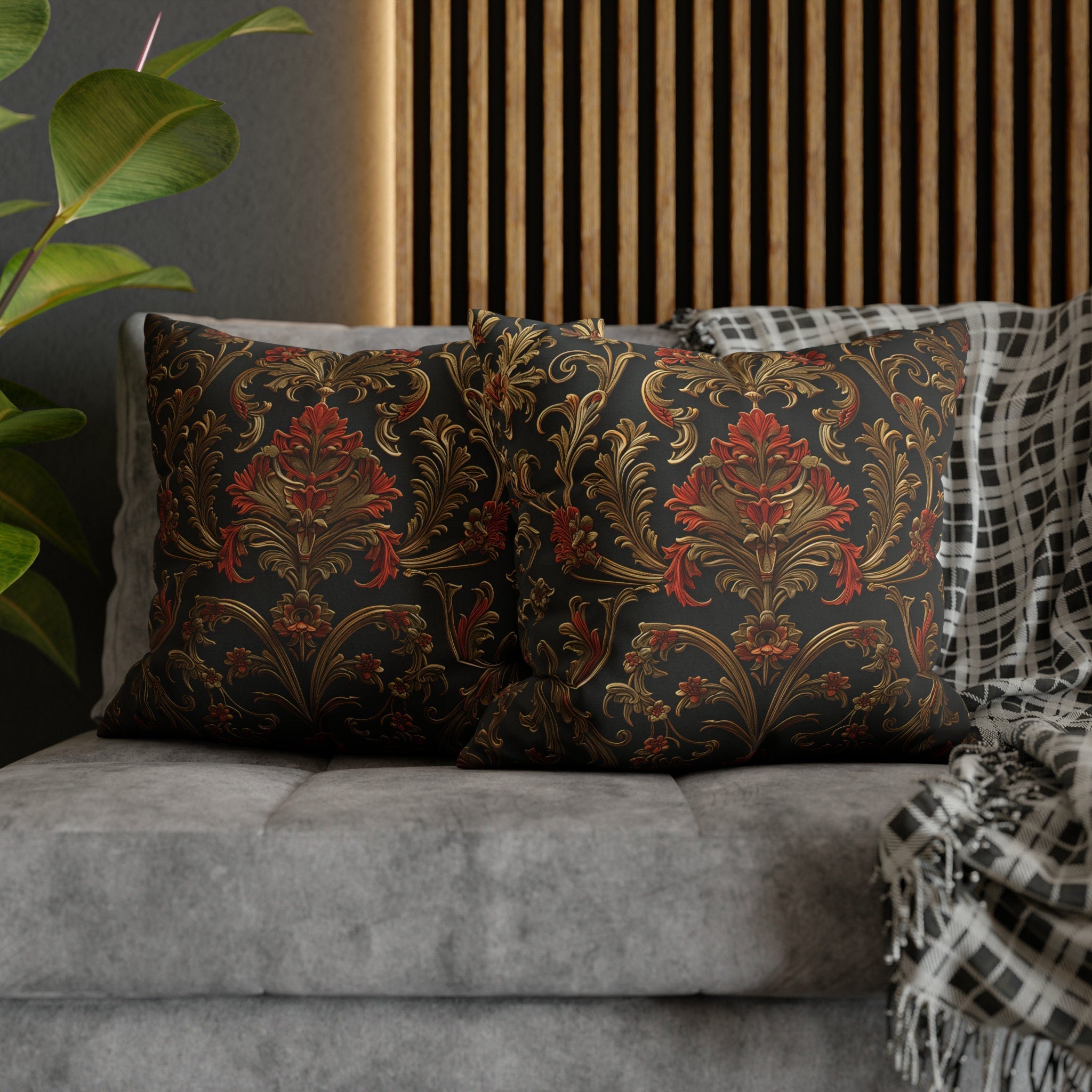 Classic Baroque Pattern Pillow Cover | Dark Background with Red & Gold | Traditional Elegance