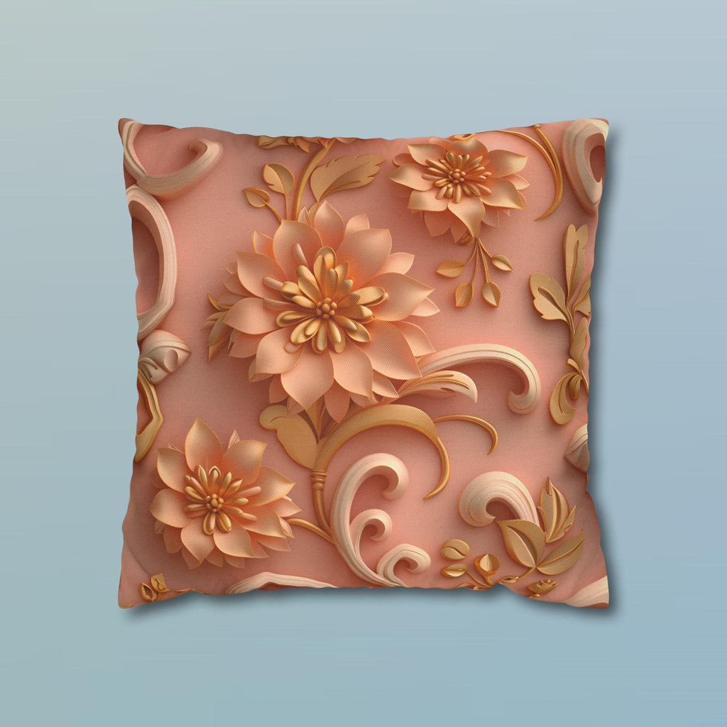 Peach Floral Rococo Pillow Cover: Gold Botanical Accent, Luxury Home Decor