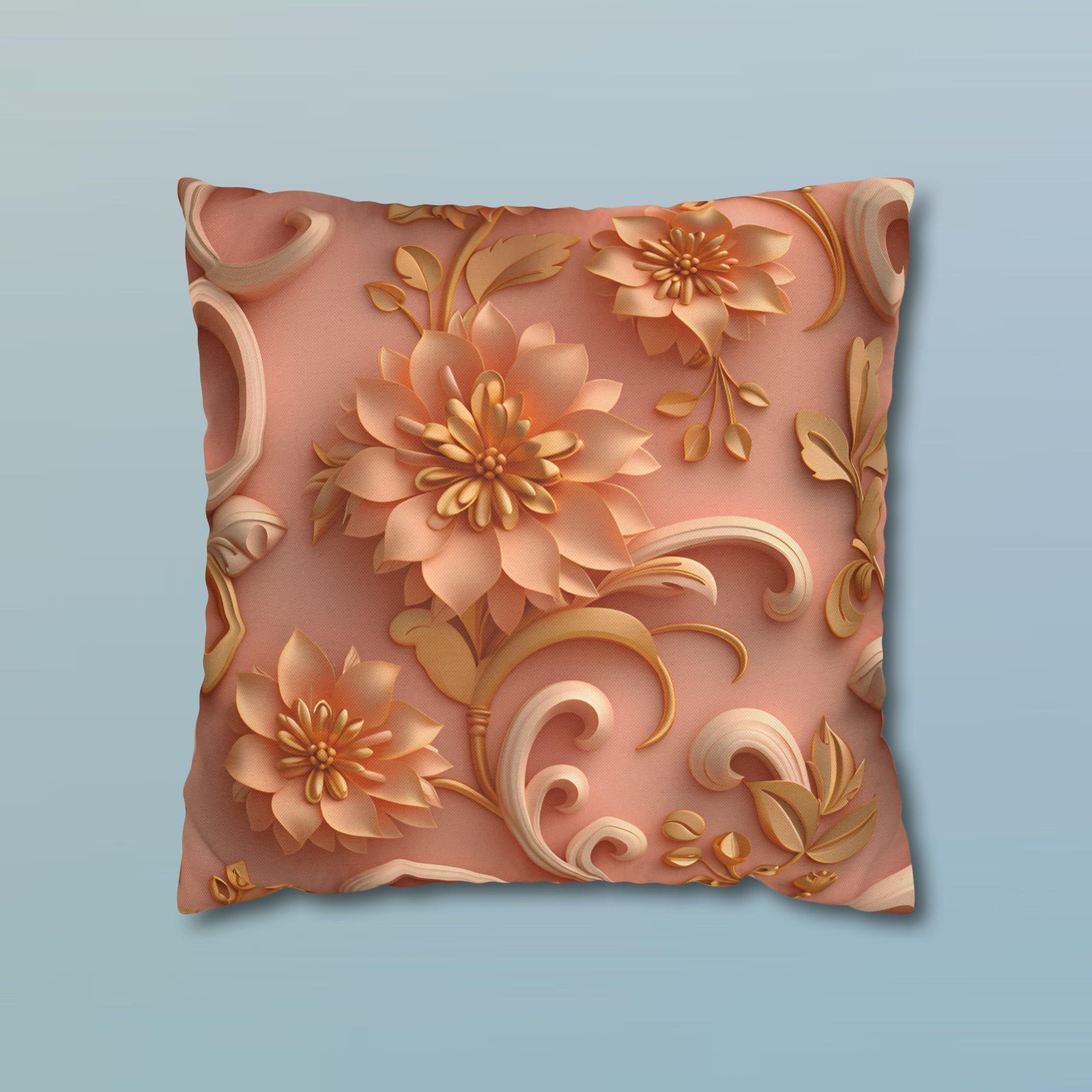 Peach Floral Rococo Pillow Cover: Gold Botanical Accent, Luxury Home Decor