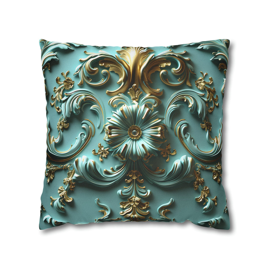 Luxurious Baroque Teal & Gold Floral Throw Pillow Cover | Elegant Scrollwork Design for Dramatic Decor