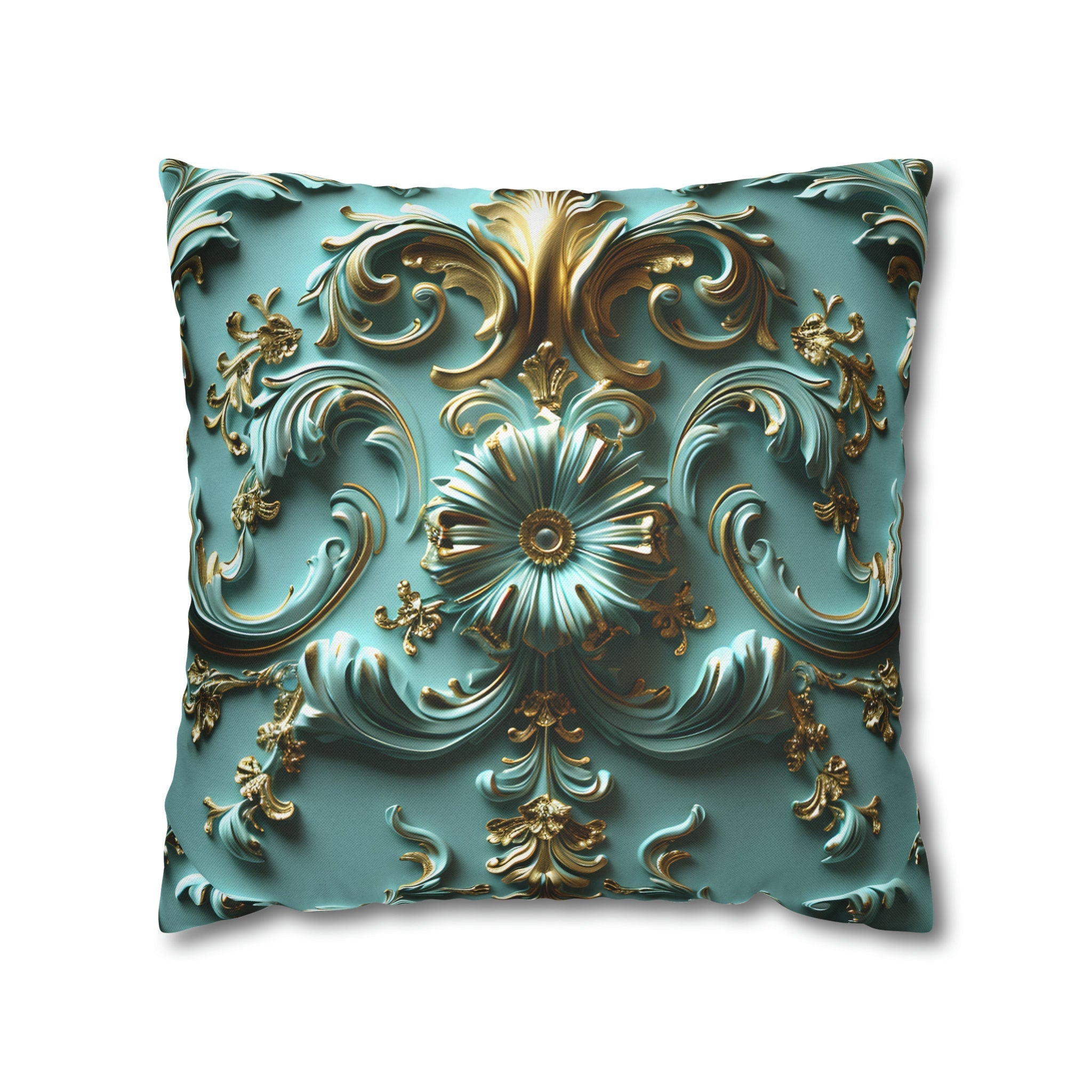 Luxurious Baroque Teal & Gold Floral Throw Pillow Cover | Elegant Scrollwork Design for Dramatic Decor