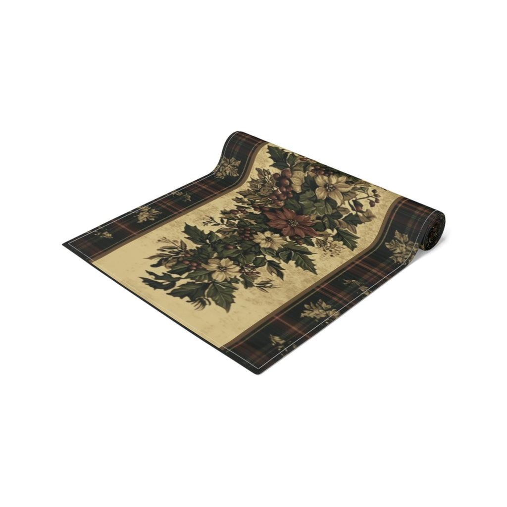 Plaid Botanical Stripes Christmas Table Runner: Vintage Style with Poinsettias and Holly