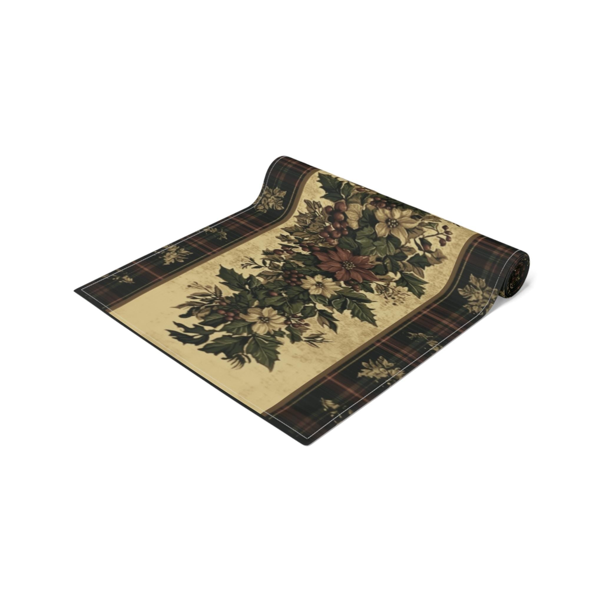 Plaid Botanical Stripes Christmas Table Runner: Vintage Style with Poinsettias and Holly