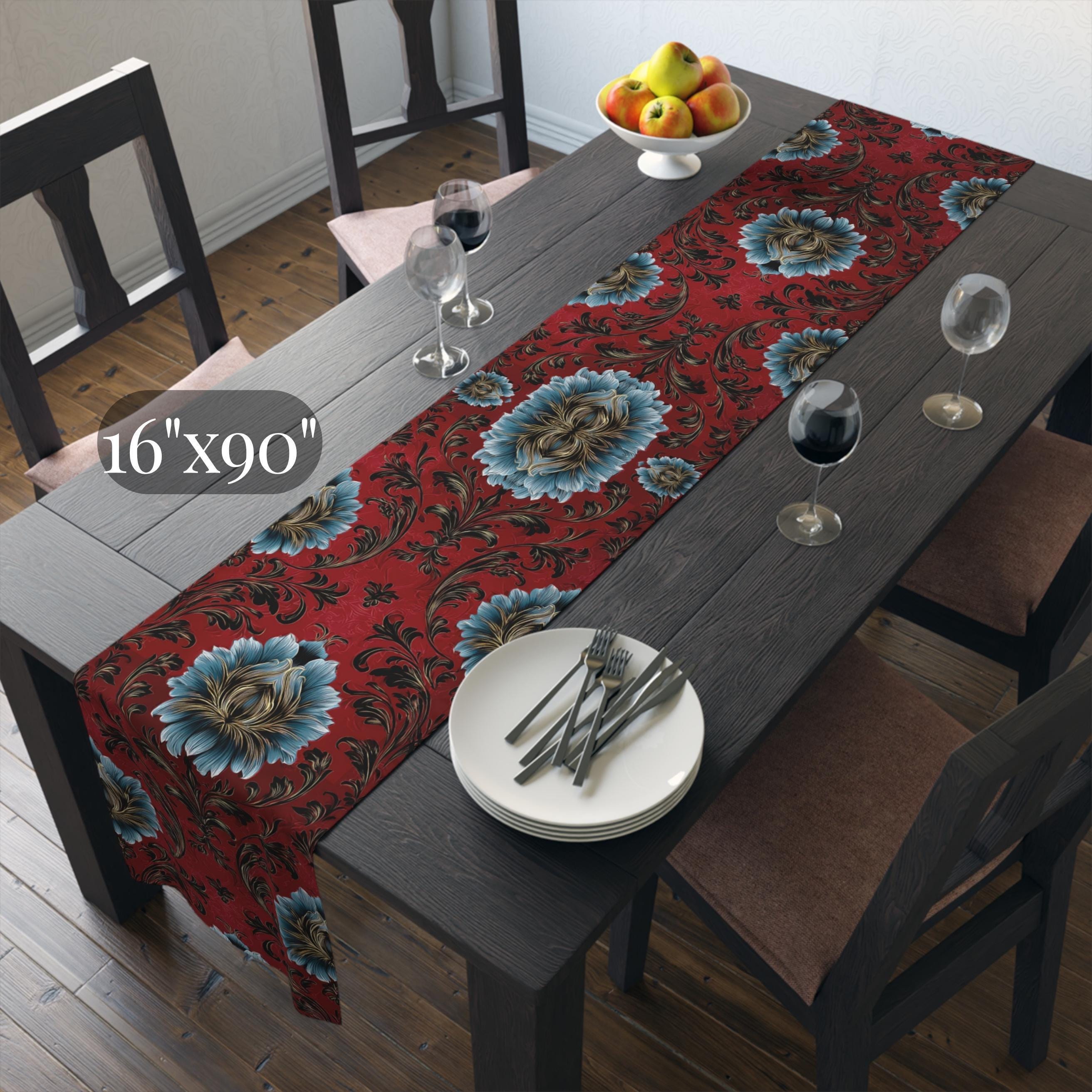 Quietly Patriotic Table Runner: Elegant Damask in Red, Cream and Blue