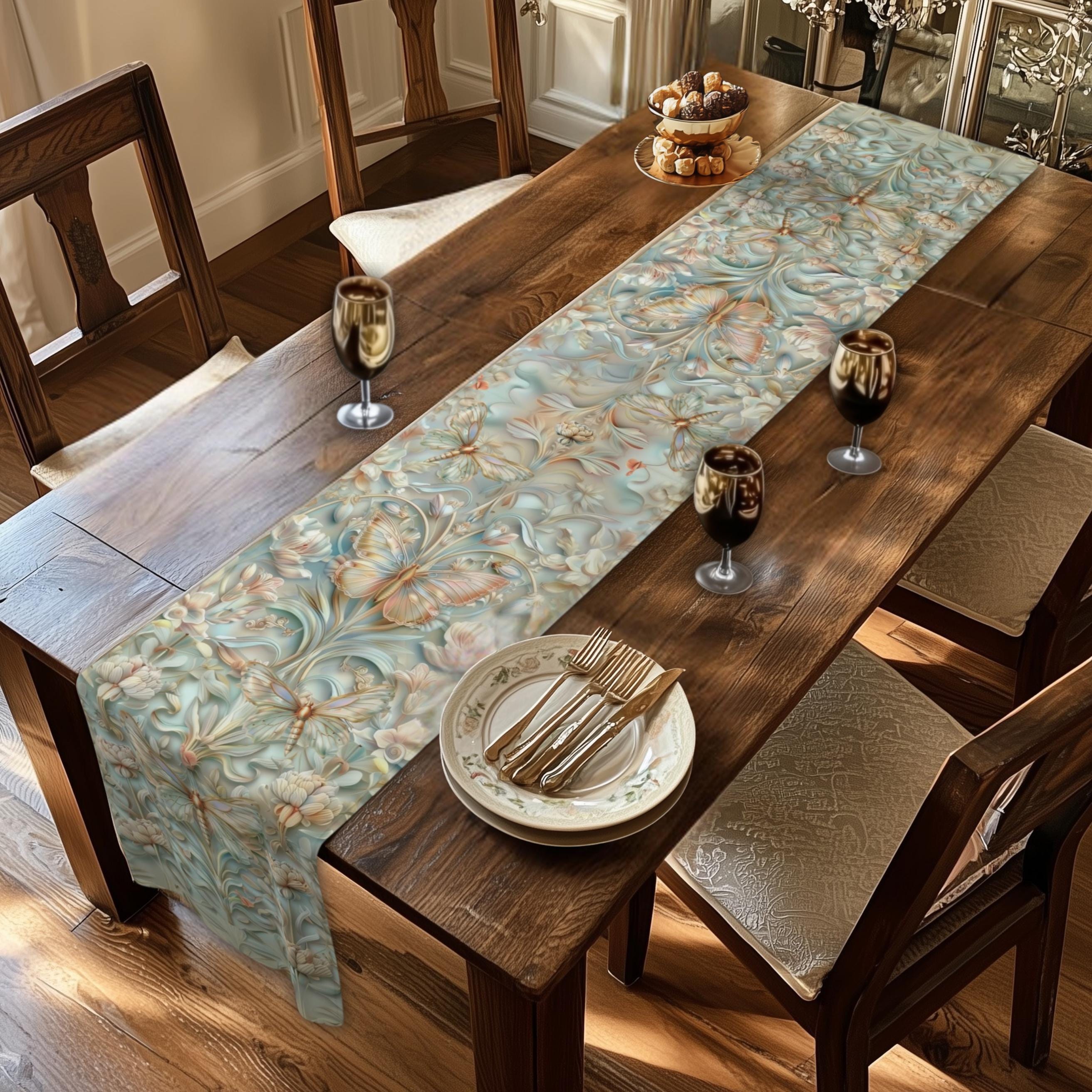William Morris Table Runner: Celadon Aqua Pastel Floral Butterfly Design
