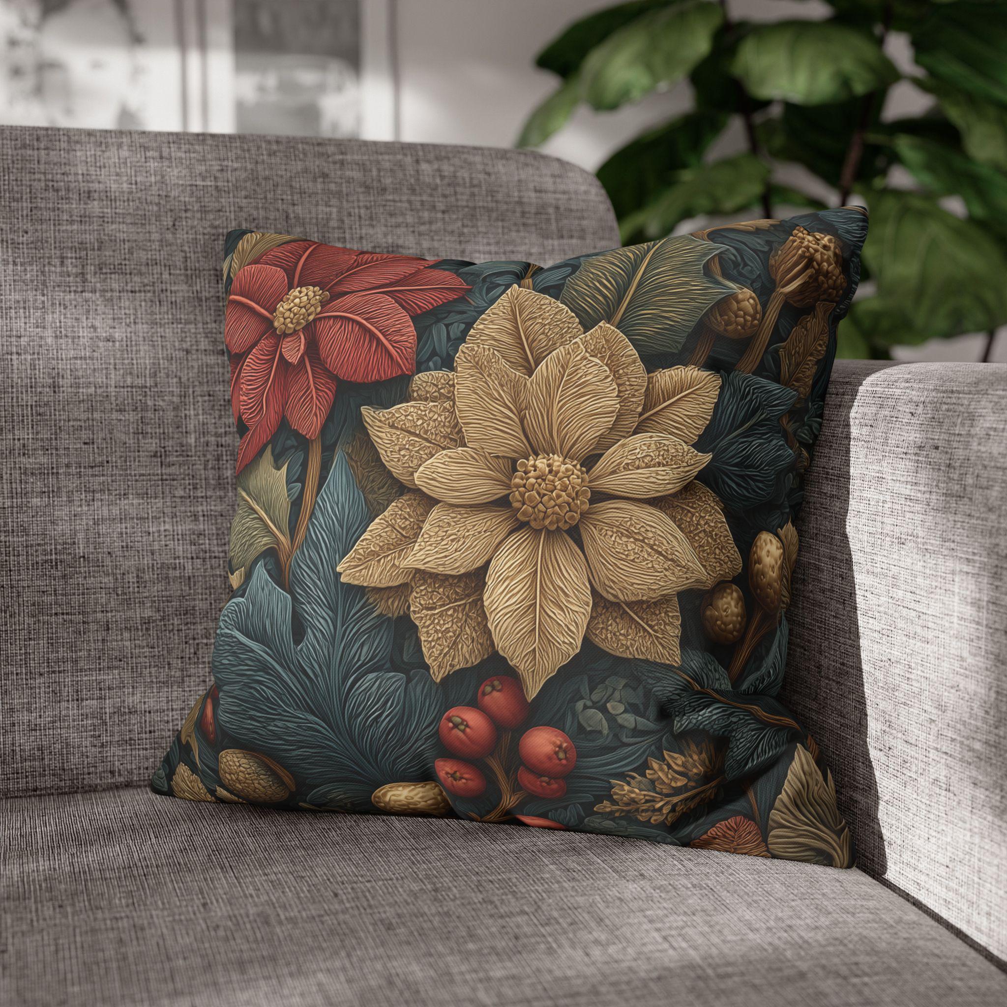 William Morris Christmas Pillow Cover: Wine and Taupe Poinsettia Woodland Illustration Euro Sizes