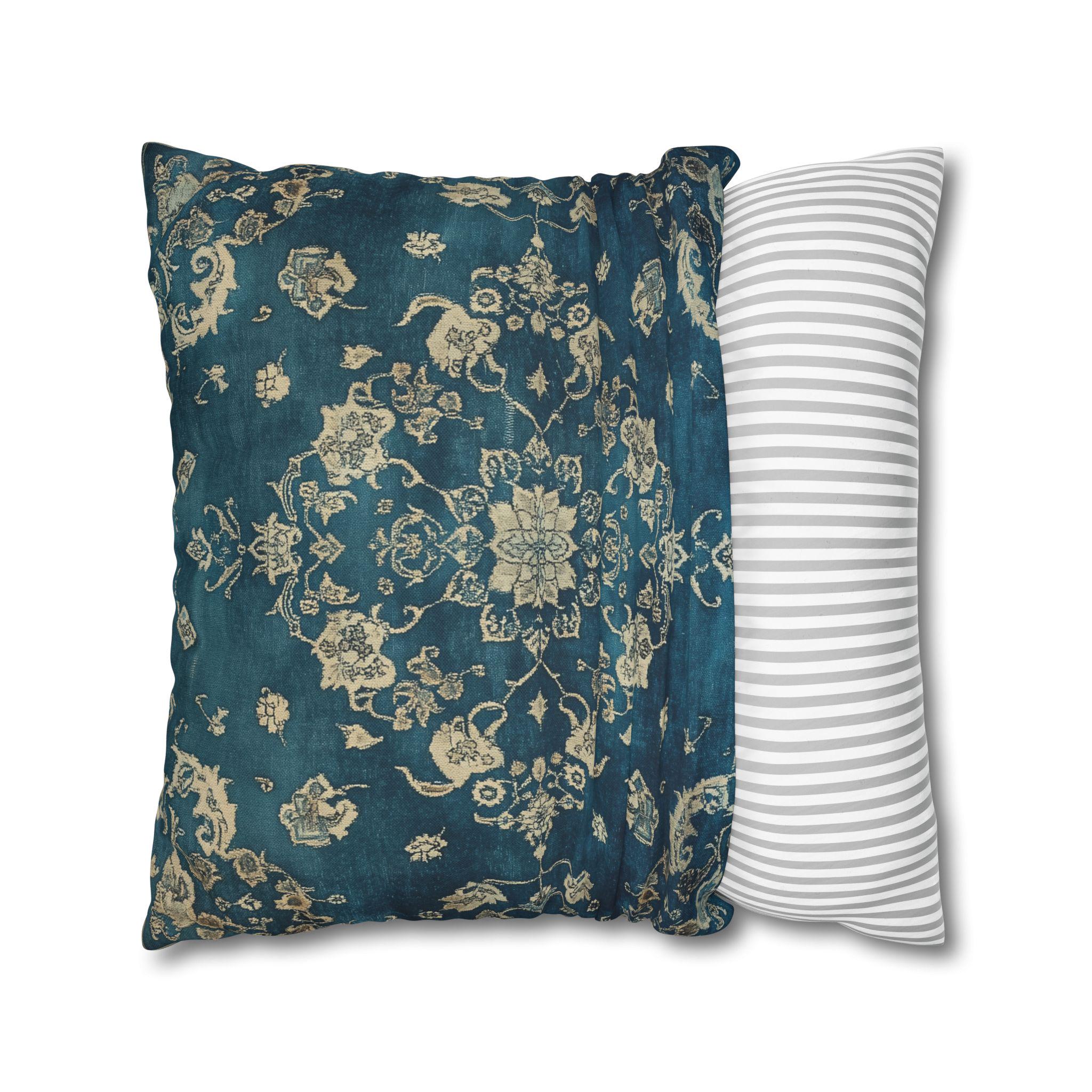 Vintage Teal Medallion Pillow Cover: Persian Rug Print Cushion