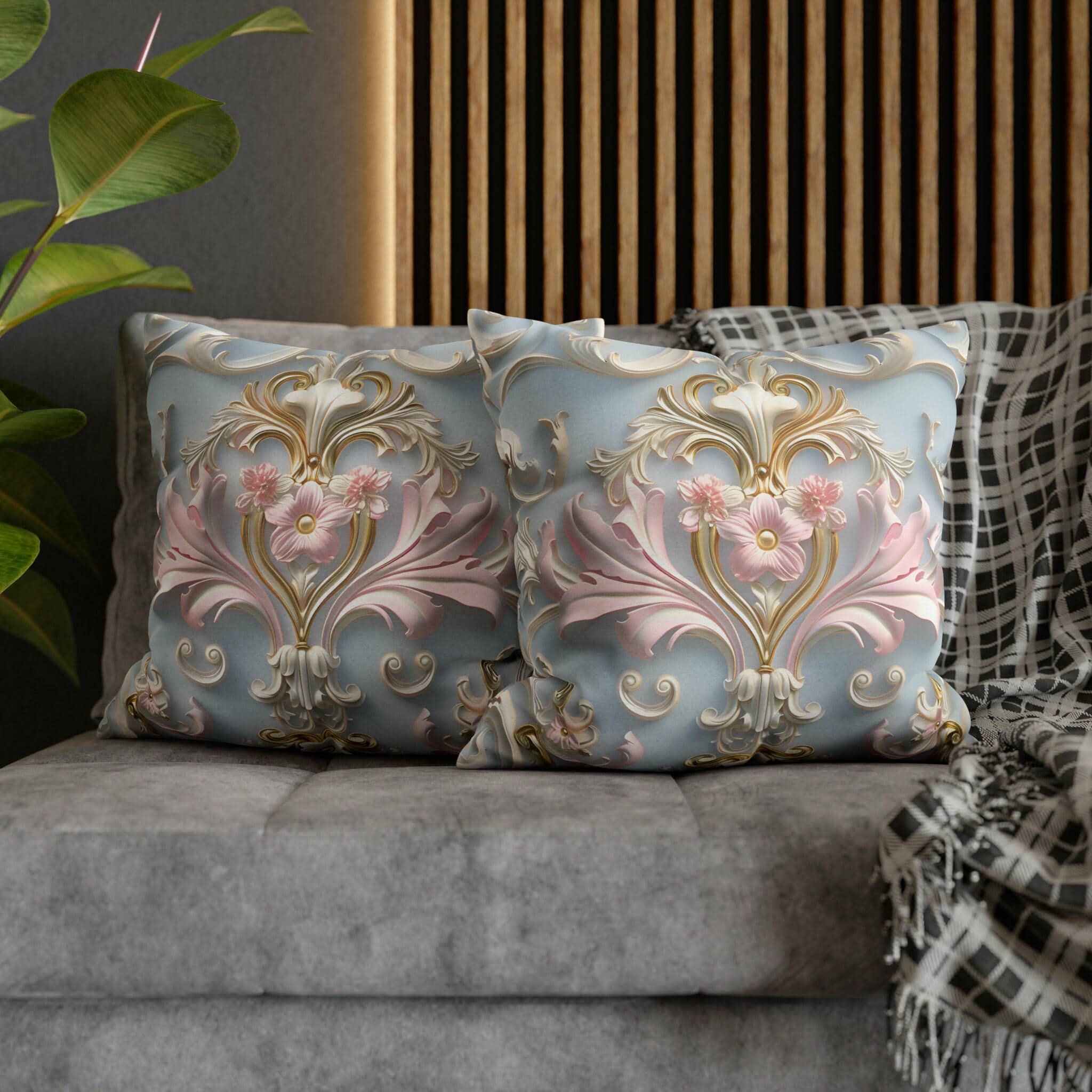 Rococo Pillow Cover: Pink Acanthus, Gold Motif, Blue-Grey Cushion