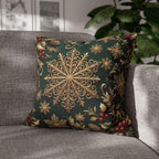Emerald Green Holiday Pillow Cover: Brushed Gold Snowflake, Jewel Tone Christmas Urban Decor