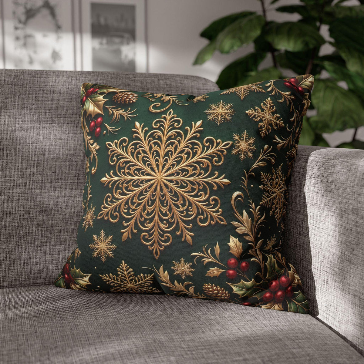 Emerald Green Holiday Pillow Cover: Brushed Gold Snowflake, Jewel Tone Christmas Urban Decor