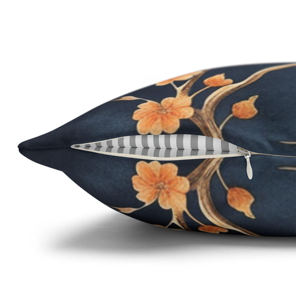 Chinoiserie Bird Throw Pillow Cover: Peach & Chestnut Floral, Navy Blue