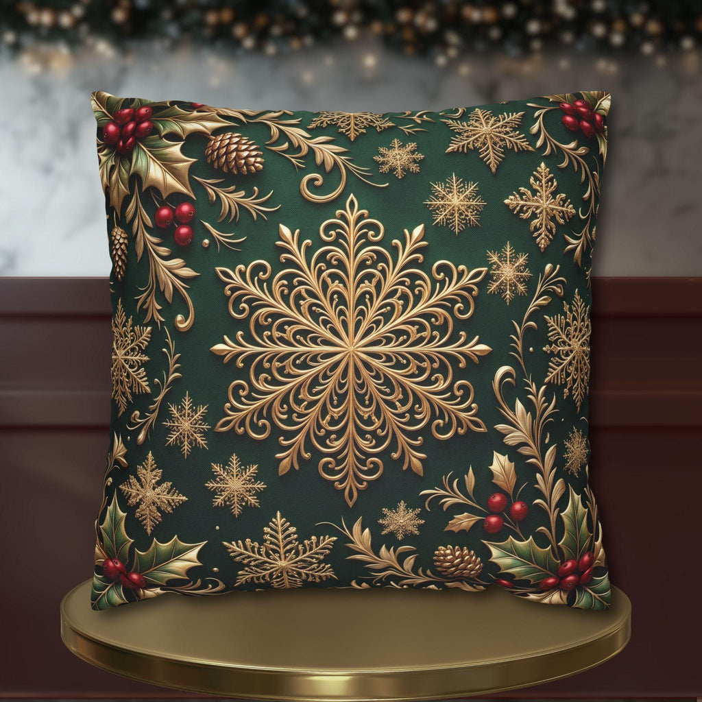Emerald Green Holiday Pillow Cover: Brushed Gold Snowflake, Jewel Tone Christmas Urban Decor