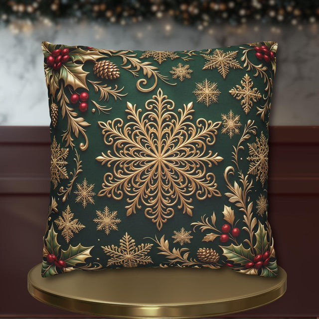Emerald Green Holiday Pillow Cover: Brushed Gold Snowflake, Jewel Tone Christmas Urban Decor