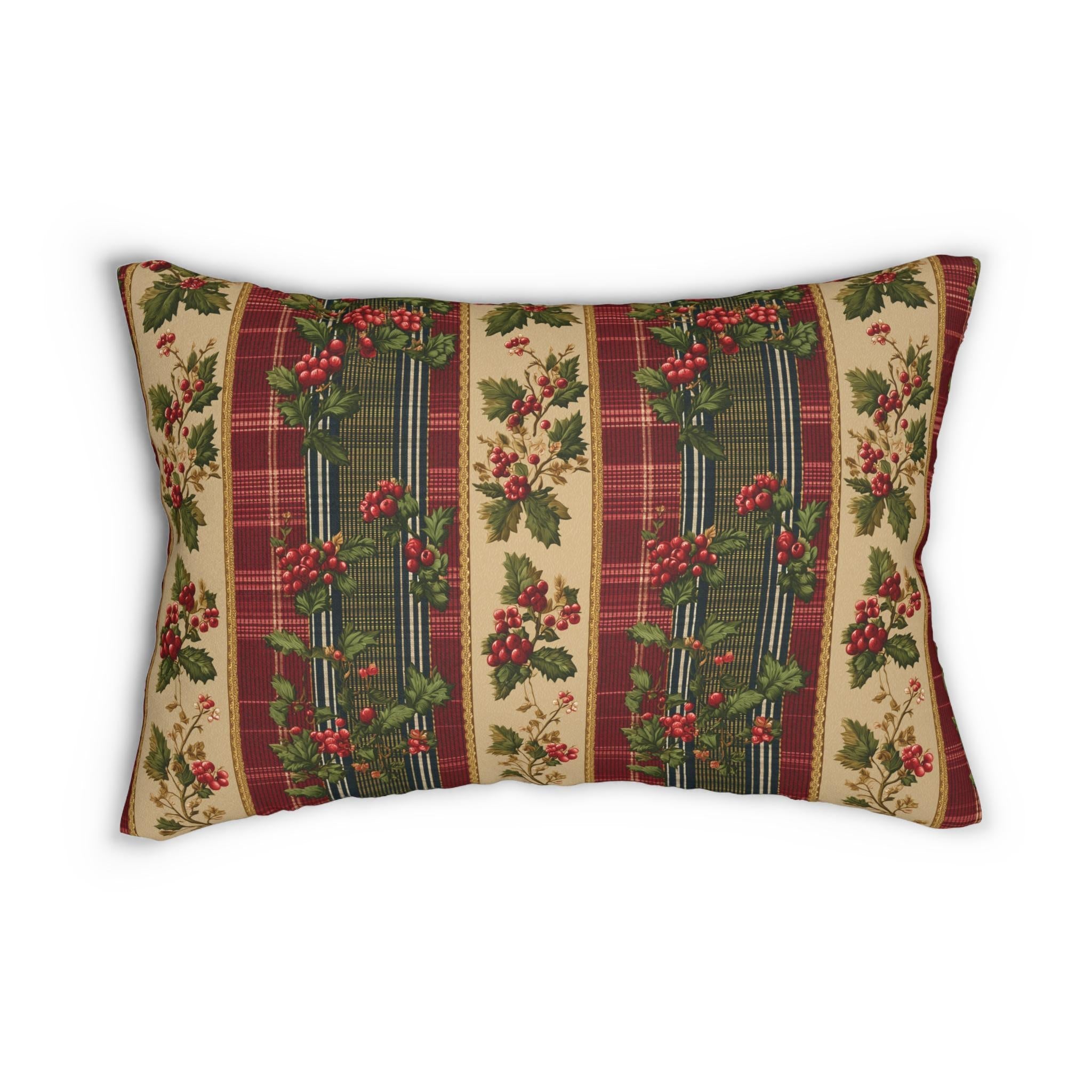 Christmas Lumbar Pillow: Classic Vintage Style Holly & Tartan Plaid in Red Green and Cream