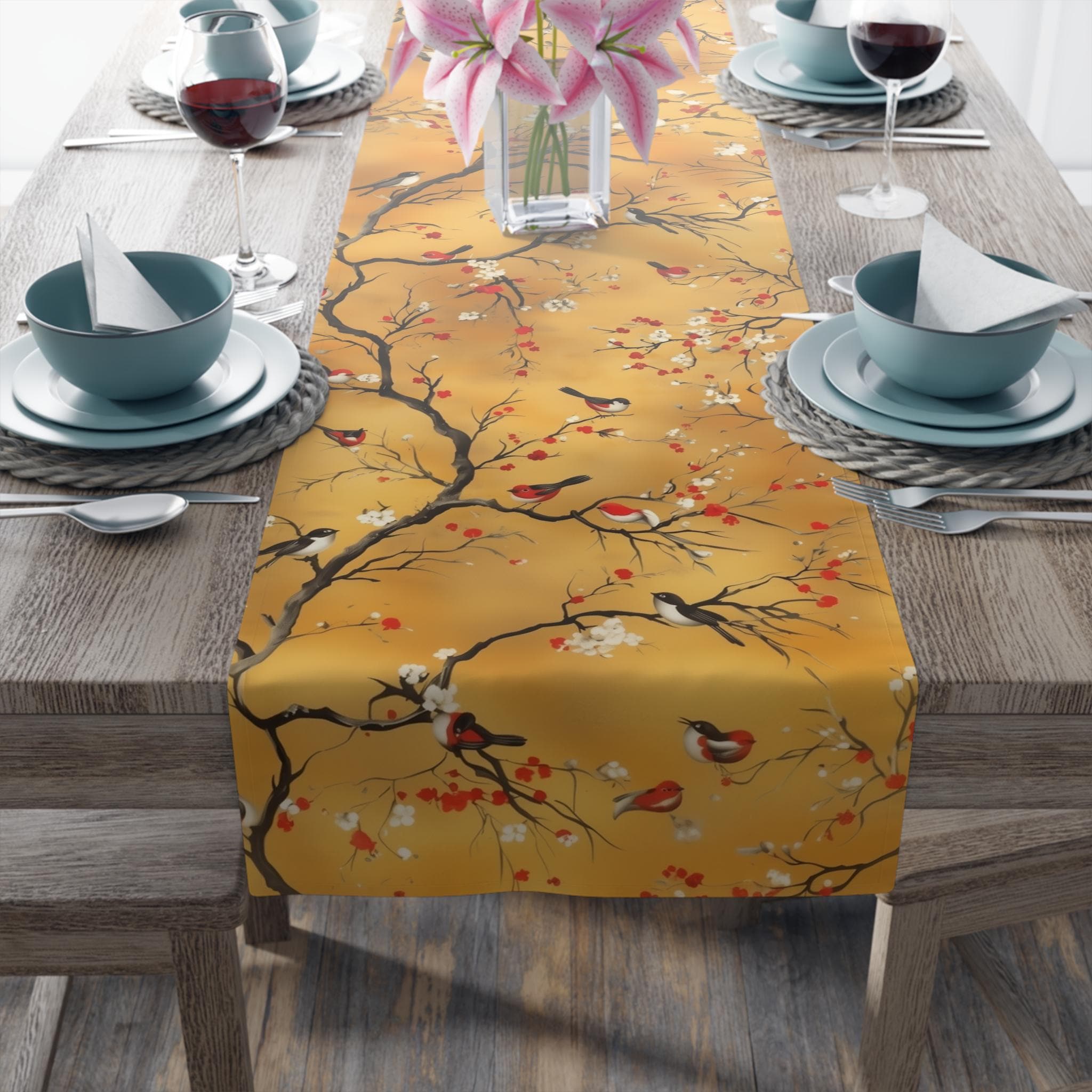 Chinoiserie Table Runner: Gold, Red Blossoms & Birds - Asian Decor