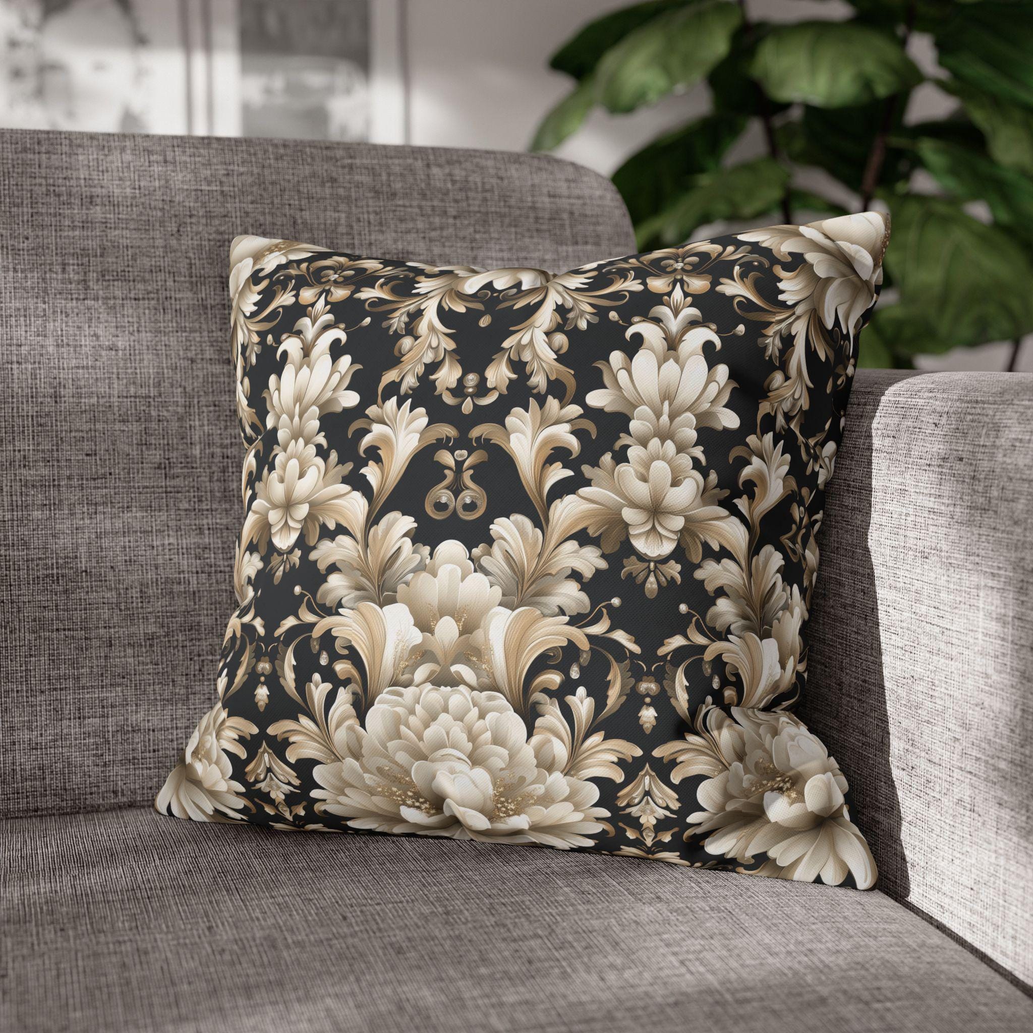 Floral Damask Pillow Cover, Ivory Champagne Gold on Black