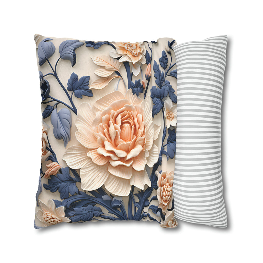 Chinoiserie Floral Pillow Cover: Peach Flower, Dark Blue Botanicals