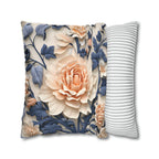Chinoiserie Floral Pillow Cover: Peach Flower, Dark Blue Botanicals