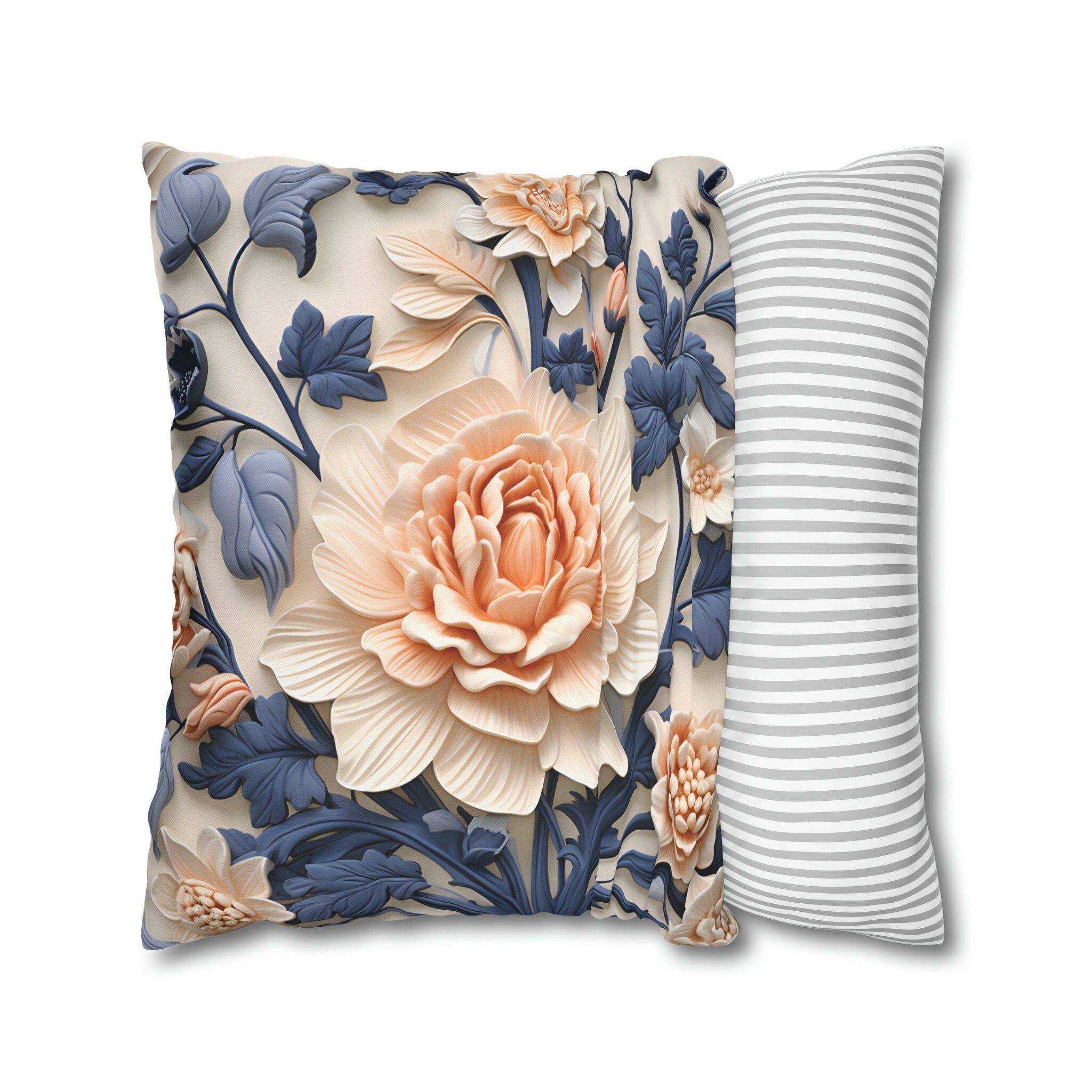 Chinoiserie Floral Pillow Cover: Peach Flower, Dark Blue Botanicals