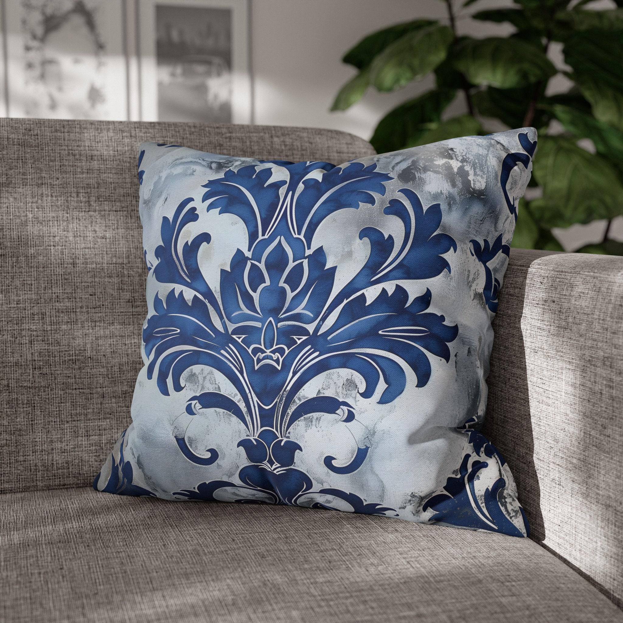 Elegant Royal Blue & Silver Baroque Floral Square Pillow Cover for Upscale Living Room Decor