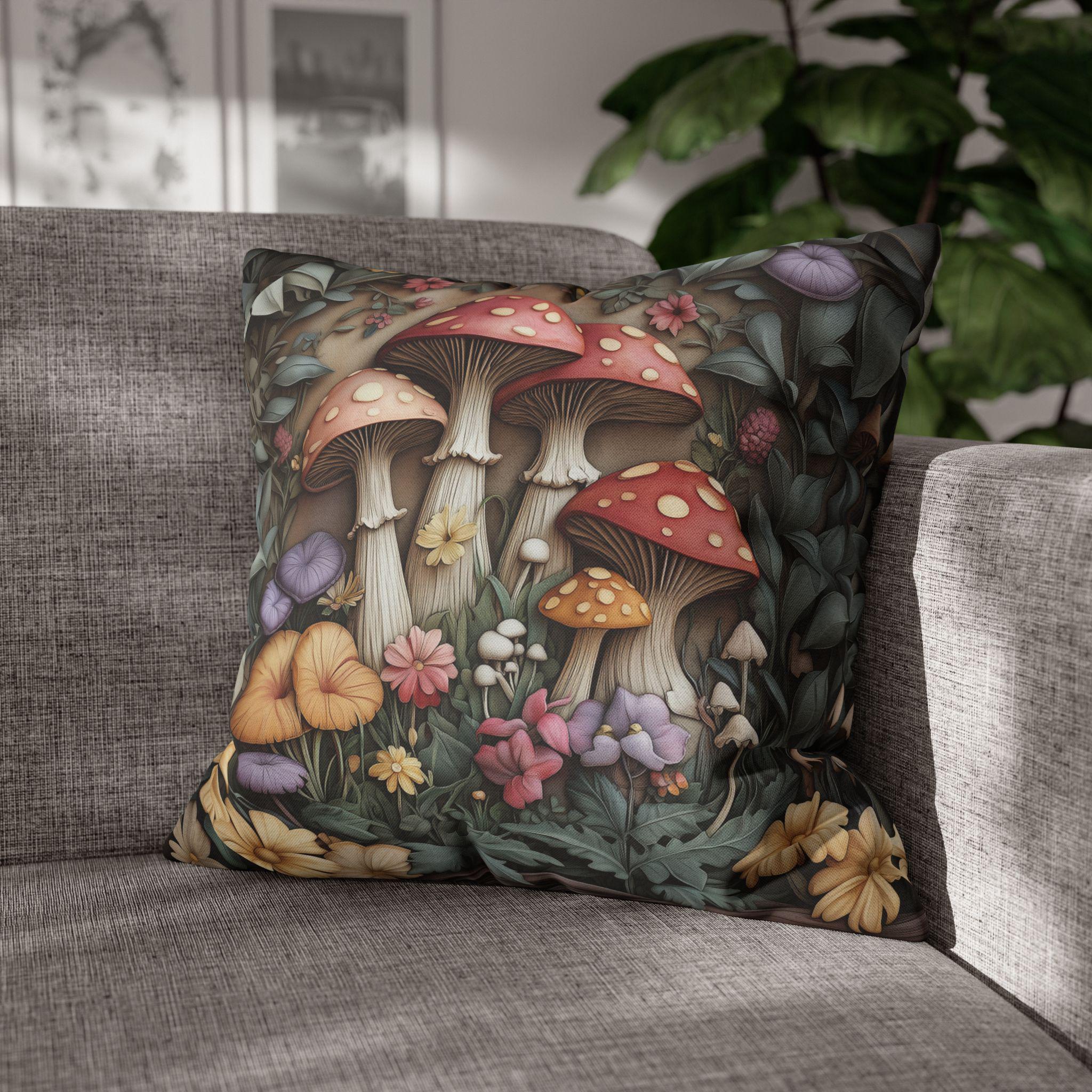 Whimsical Mushroom Pillow Cover: William Morris Inspired Forest Botanical Art Cushion Case