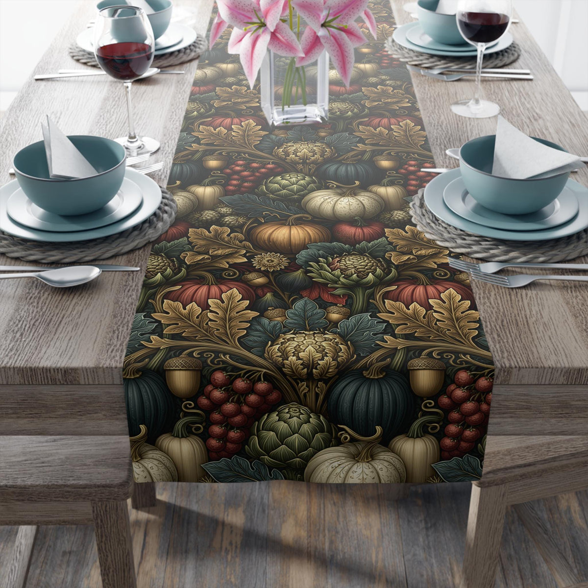 William Morris Inspired Fall Table Runner: Pumpkin, Artichoke and Berry Harvest Tapestry