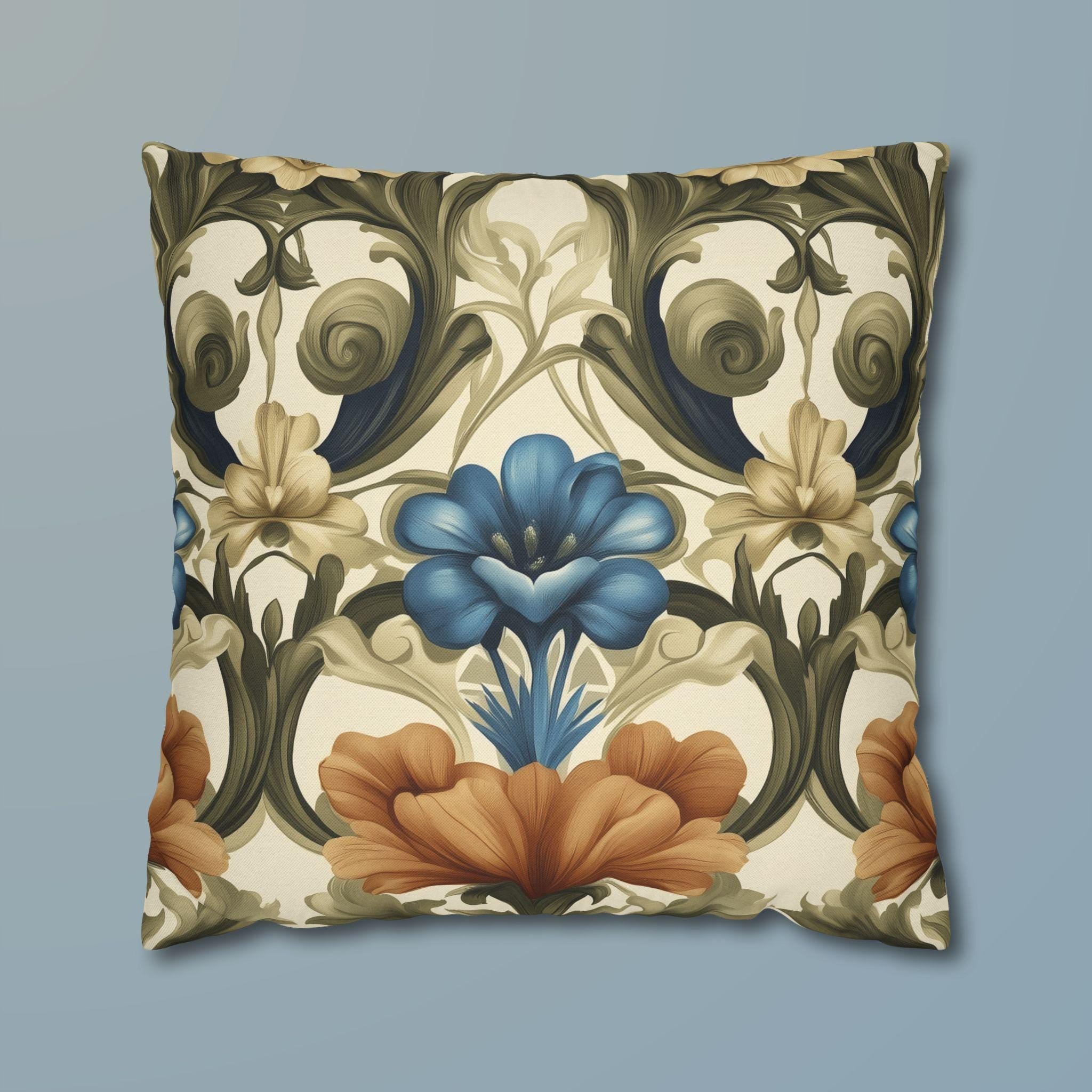 William Morris Floral Pillow Cover: Blue, Orange Blooms, Elegant Home Decor