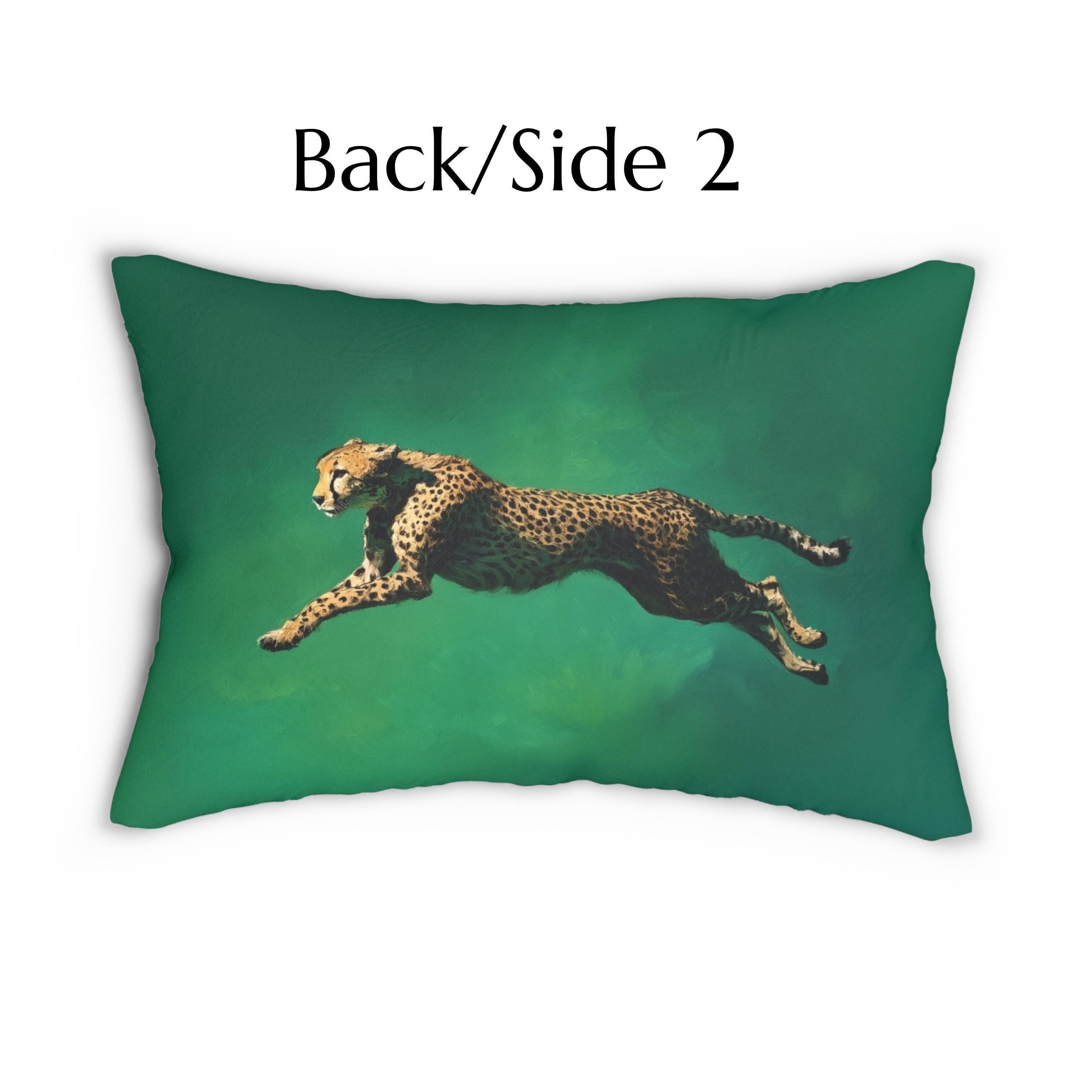 Emerald Sprint Lumbar Pillow: Leaping Cheetah on Jewel-Tone Green