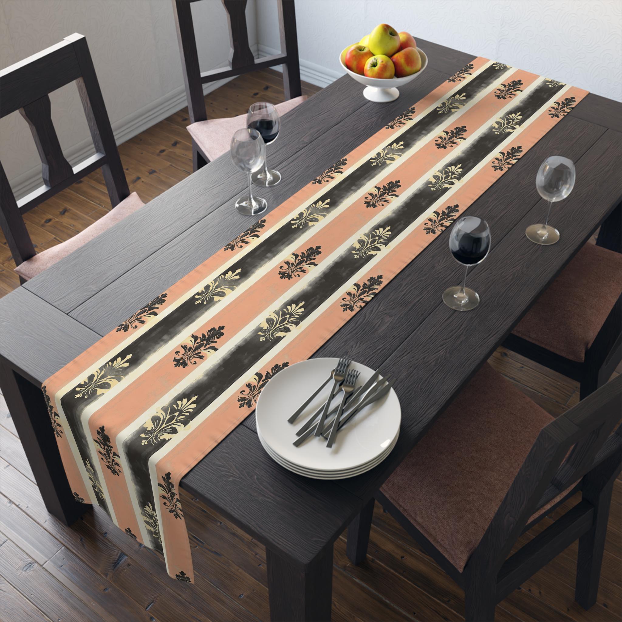 Elegant Patriotic Farmhouse Table Runner: Red, White & Navy Stripes with Gold Damask Floral Motifs