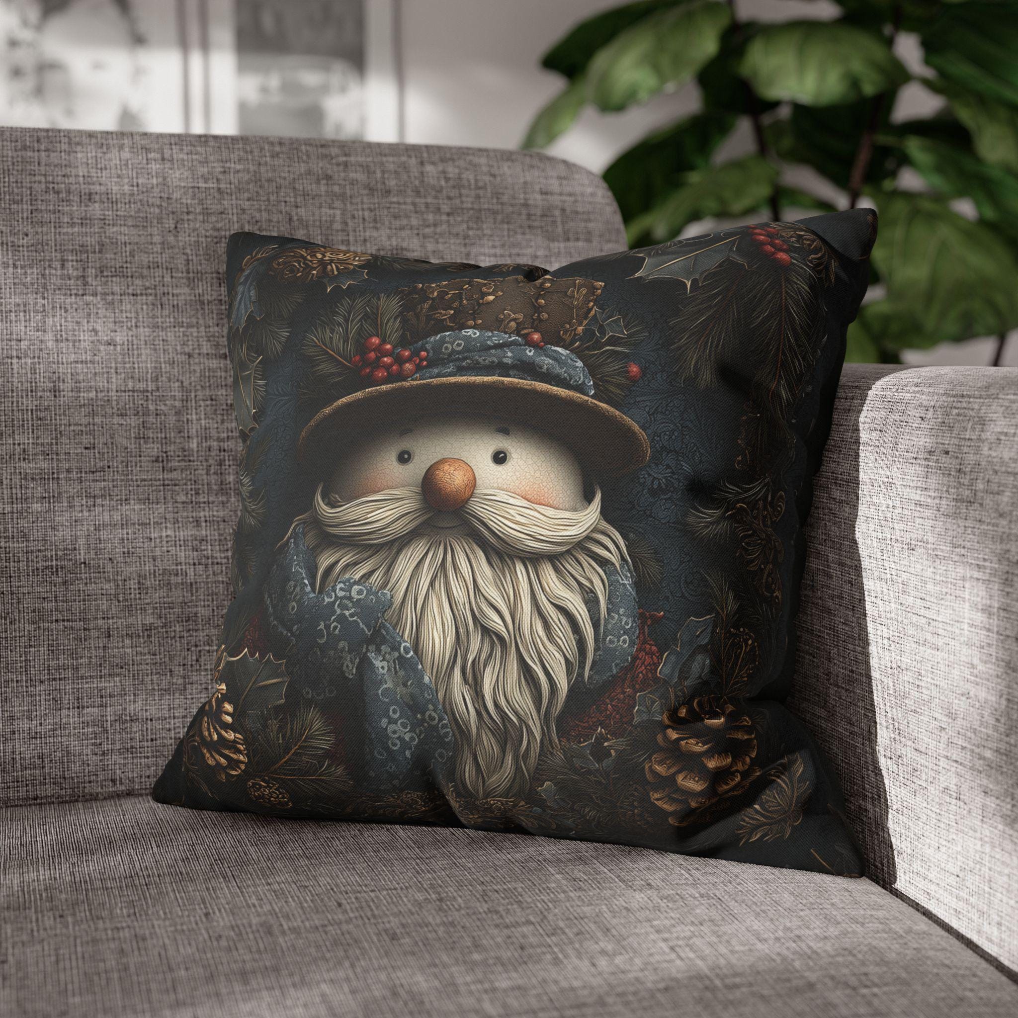 William Morris Inspired Christmas Pillow Cover: Rustic Santa Snowman Woodland Pine & Holly Illustration