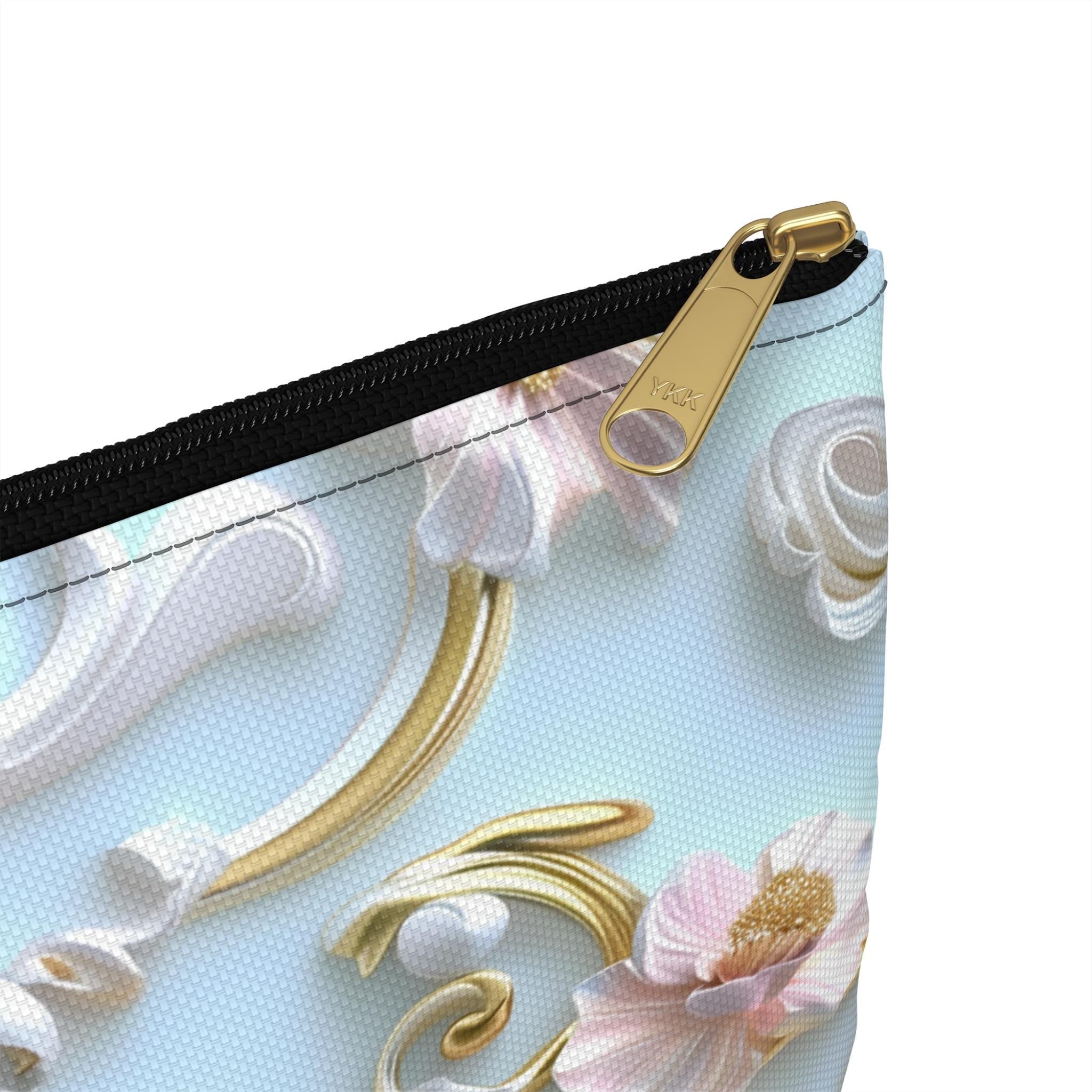 Rococo Zipper Pouch: Golden Scrollwork, Pink Flowers, Coquette Accessory