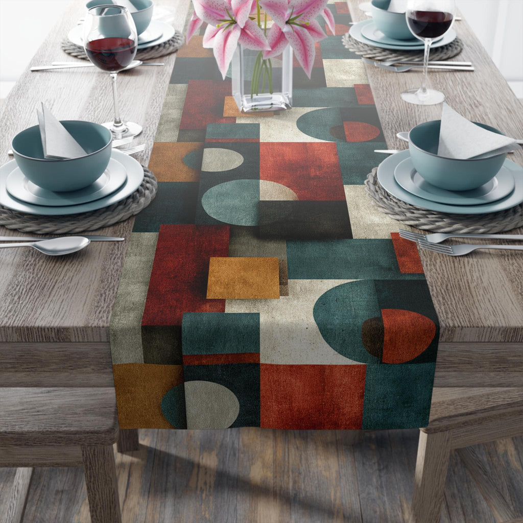 Bauhaus Table Runner: Geometric Mid Century Modern Decor in Teal-Gray, Rust and Cream