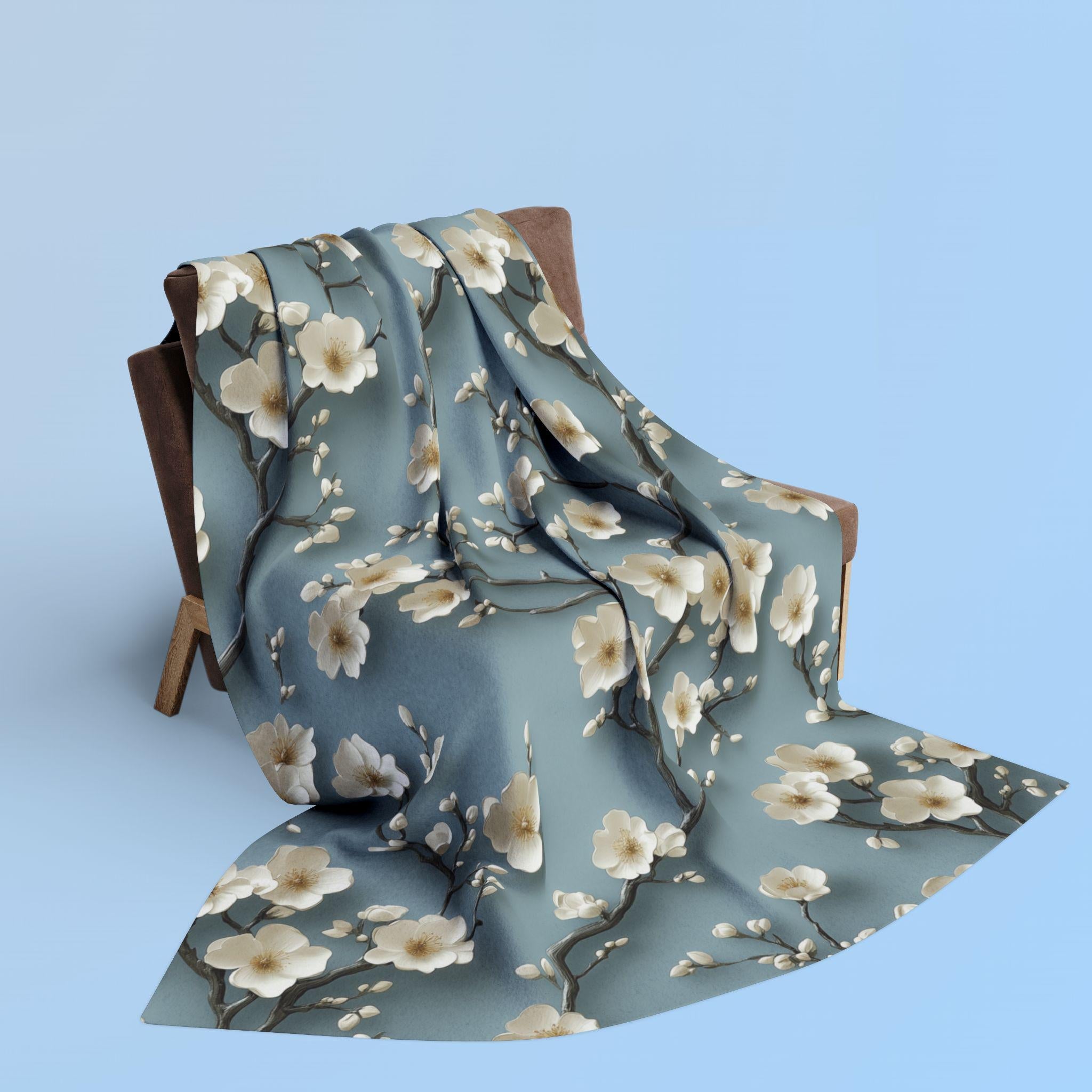 Chinoiserie Fleece Throw: Blue-Teal Gradient with Cream Cherry Blossom Design - Cozy Home Accent