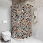Vintage-Inspired Floral Shower Curtain: Warm Autumn Botanicals on Dusty Blue Background