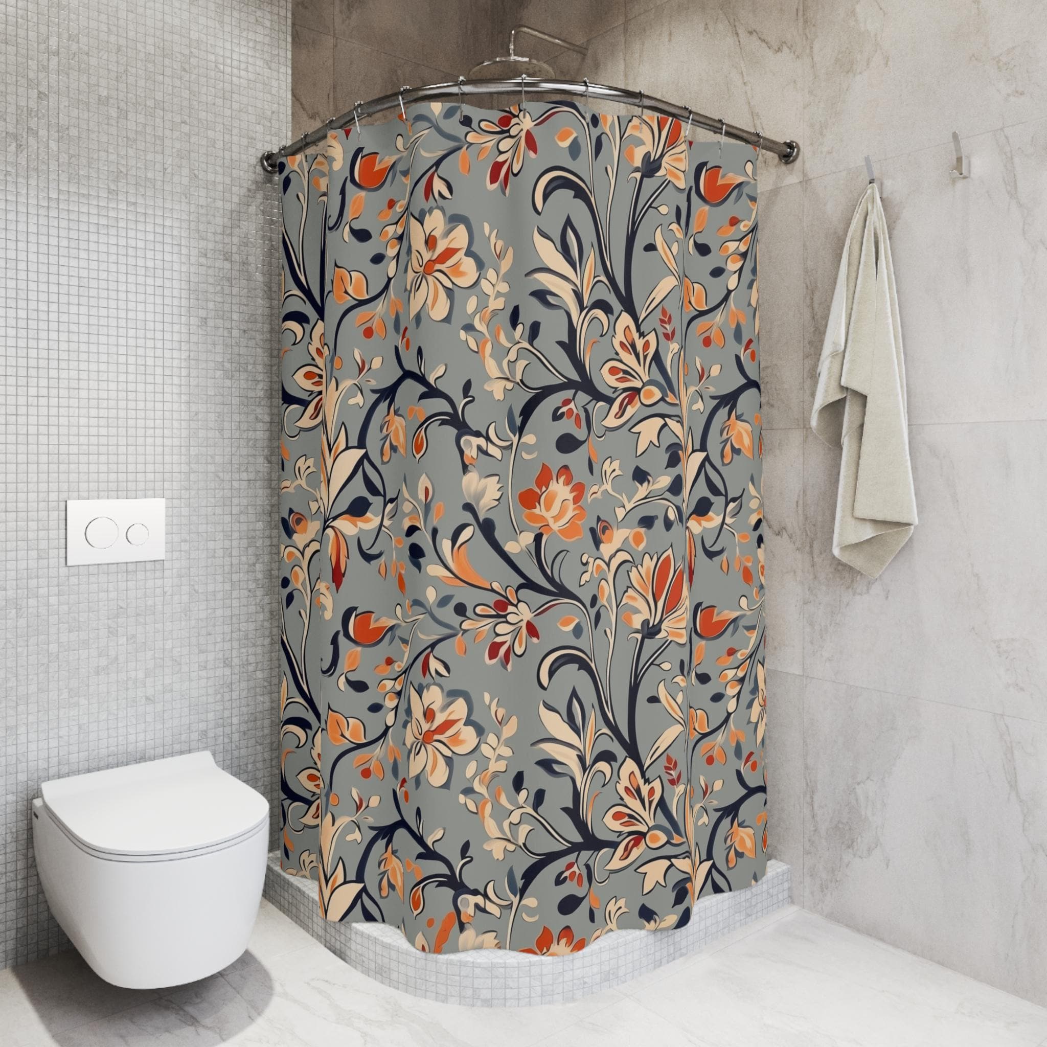Vintage-Inspired Floral Shower Curtain: Warm Autumn Botanicals on Dusty Blue Background