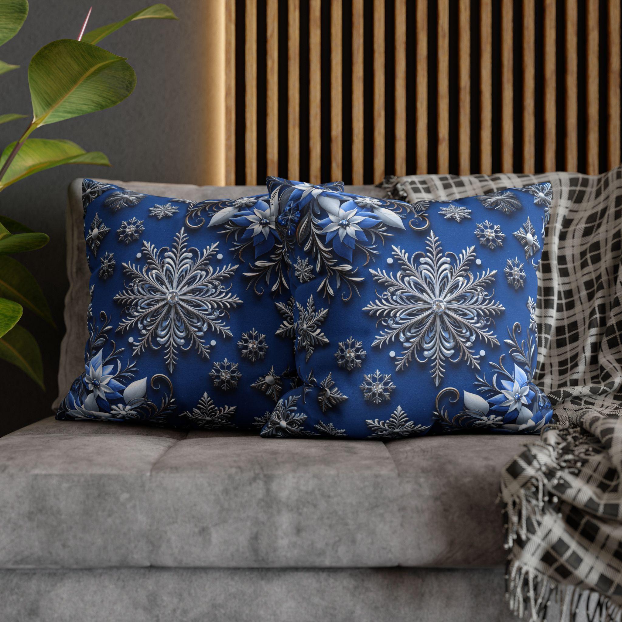 Winter Snowflake Square Pillowcase, Blue Decorative Pillow Cover, Christmas Holiday Home Decor