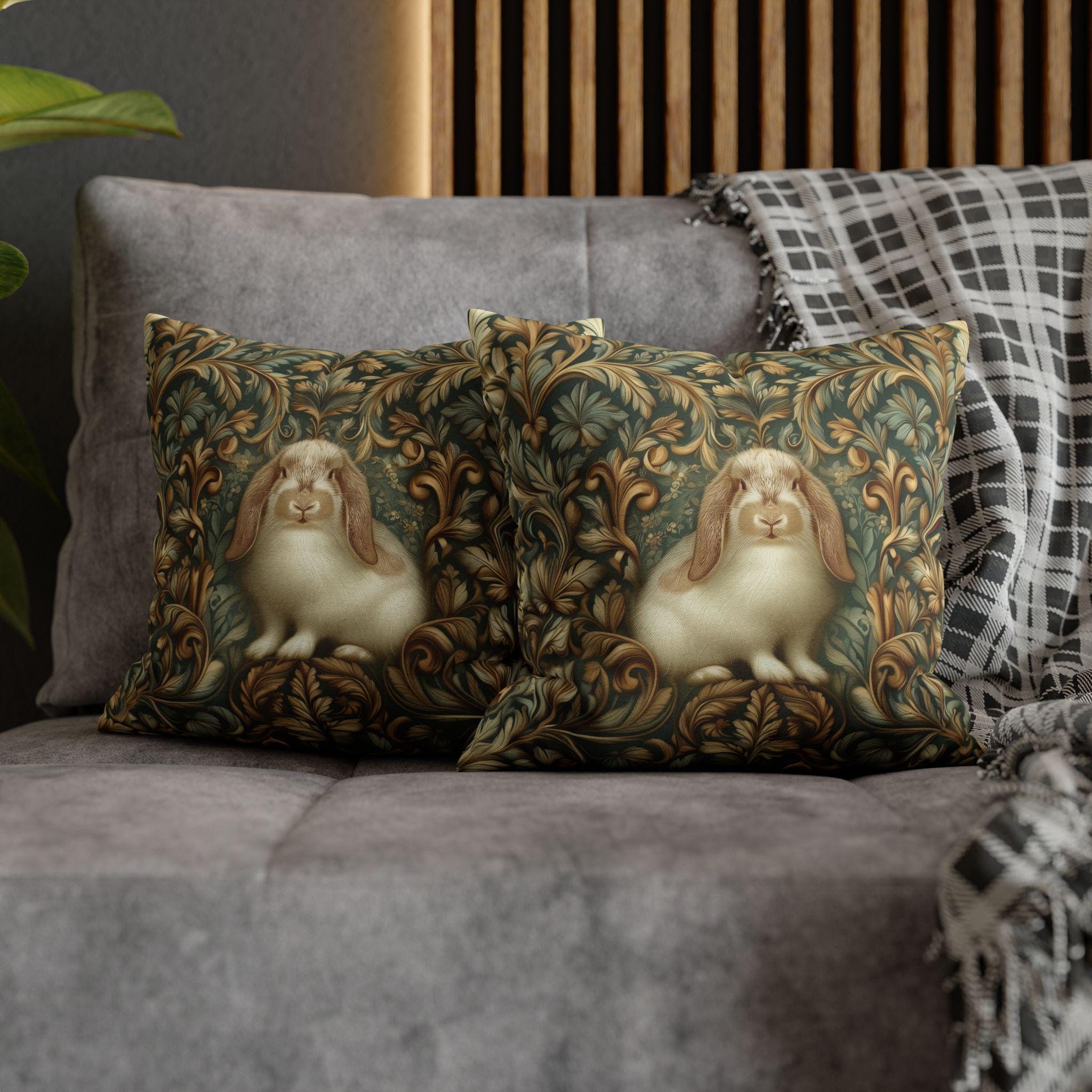 William Morris Woodland Botanical Pillow Cover: American Fuzzy Lop Rabbit