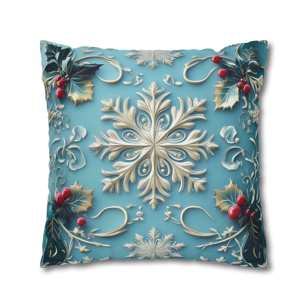 Snowflakes & Blue Christmas Pillow Cover Holly Leaves and Berries Design Gradient Blue Background