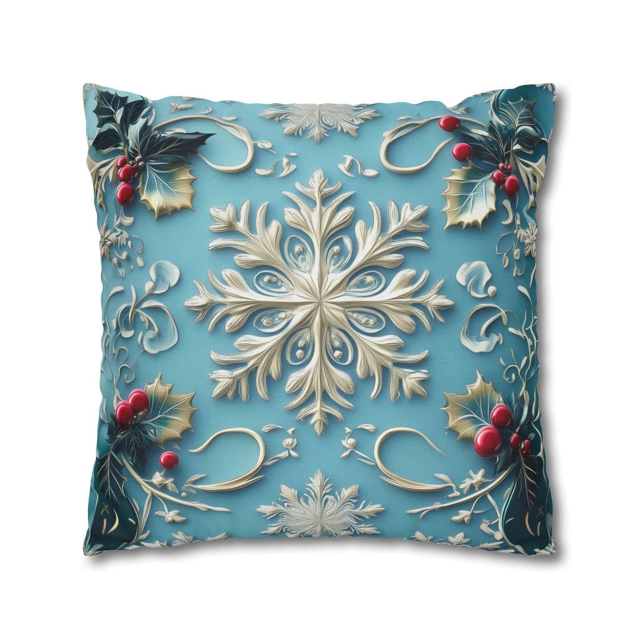 Snowflakes & Blue Christmas Pillow Cover Holly Leaves and Berries Design Gradient Blue Background