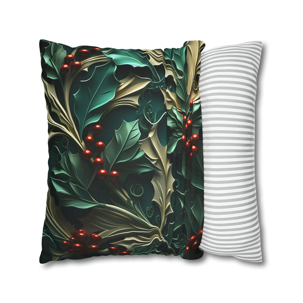 Holly Berry Christmas Pillow Cover: Deep Green & Red Holiday Decor