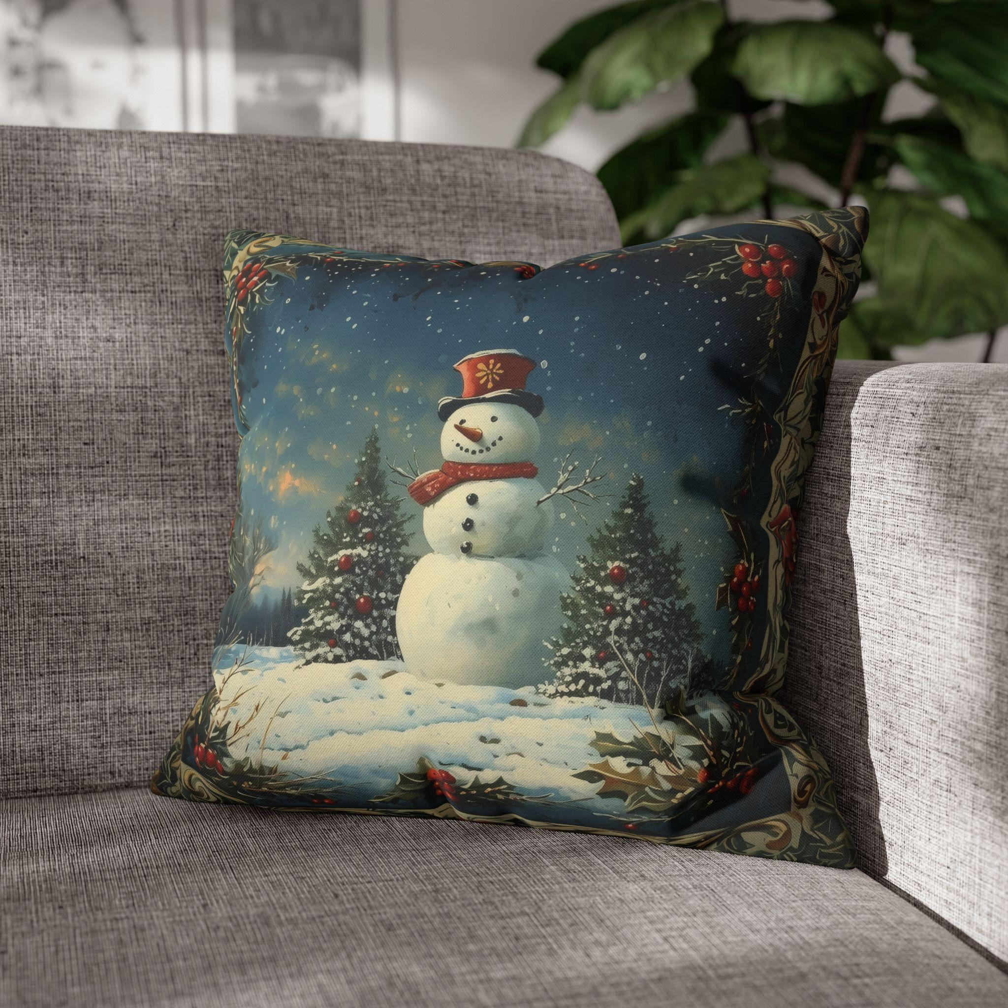 Oil Painting Style Christmas Pillow Cover: Snowman & Blue Forest Scene