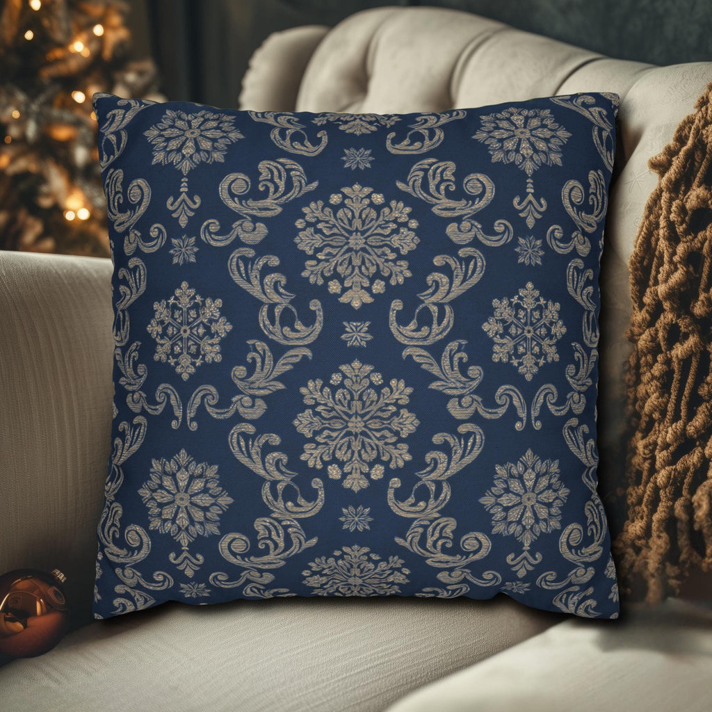 Elegant Silver Snowflake Pillow Cover: Deep Blue Holiday Decor
