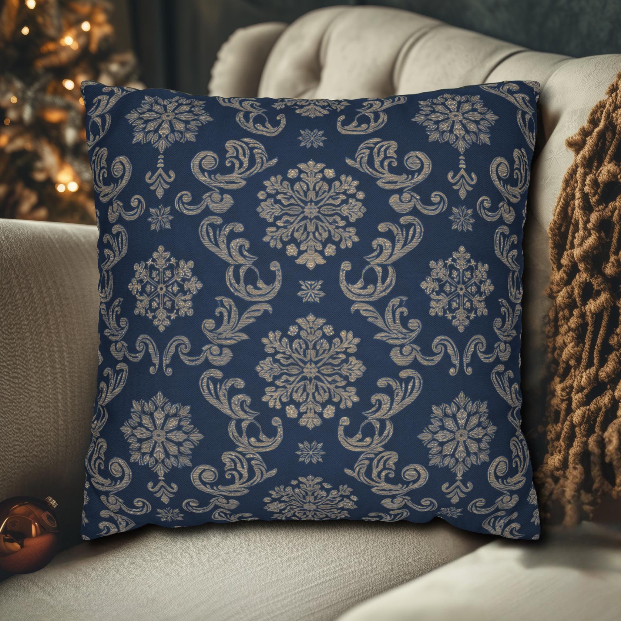 Elegant Silver Snowflake Pillow Cover: Deep Blue Holiday Decor