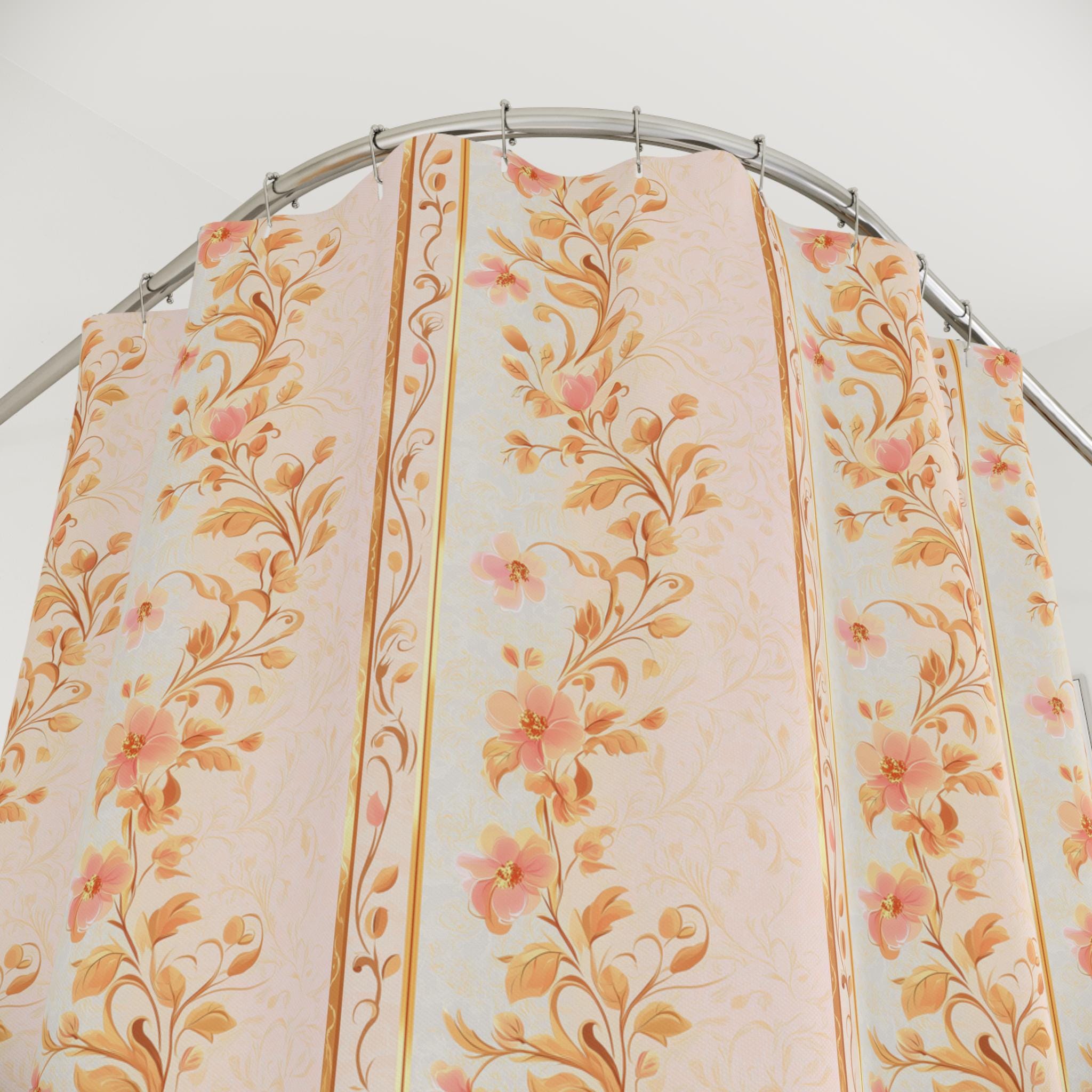 Vintage-Inspired Peach Floral Stripe Fabric Shower Curtain: Botanical Garden Charm for Bathroom Decor