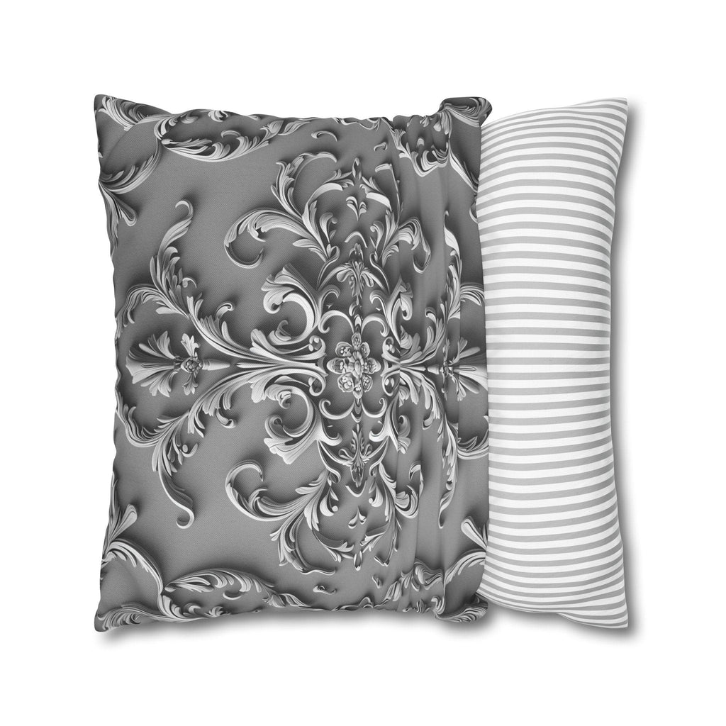 Elegant Silver Grey Baroque Floral Pillow Cover - Monochromatic Symmetrical Design for Classic Decor