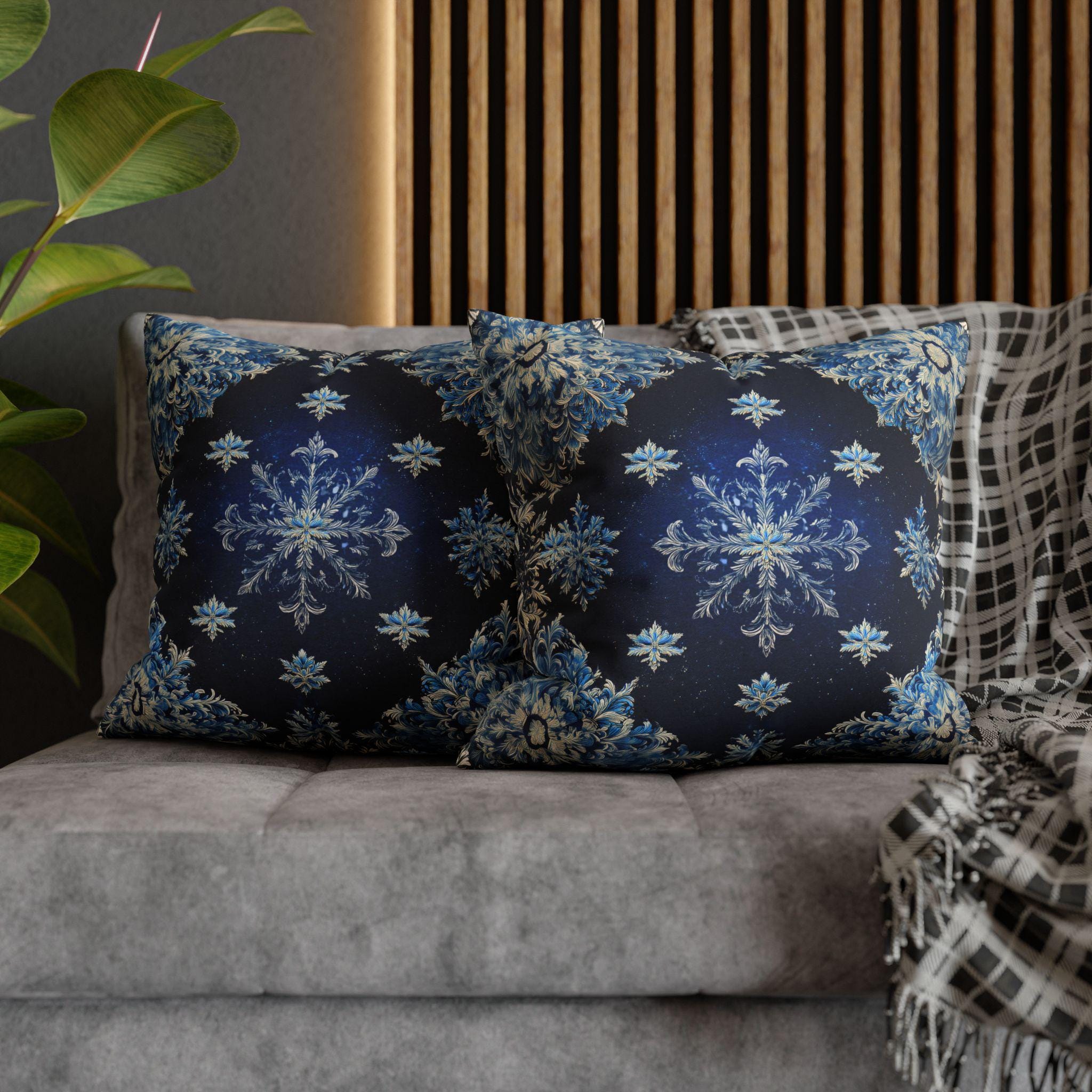 Sapphire Blue Snowflake Damask Christmas Throw Pillow Cover: Gold & White Winter Accent