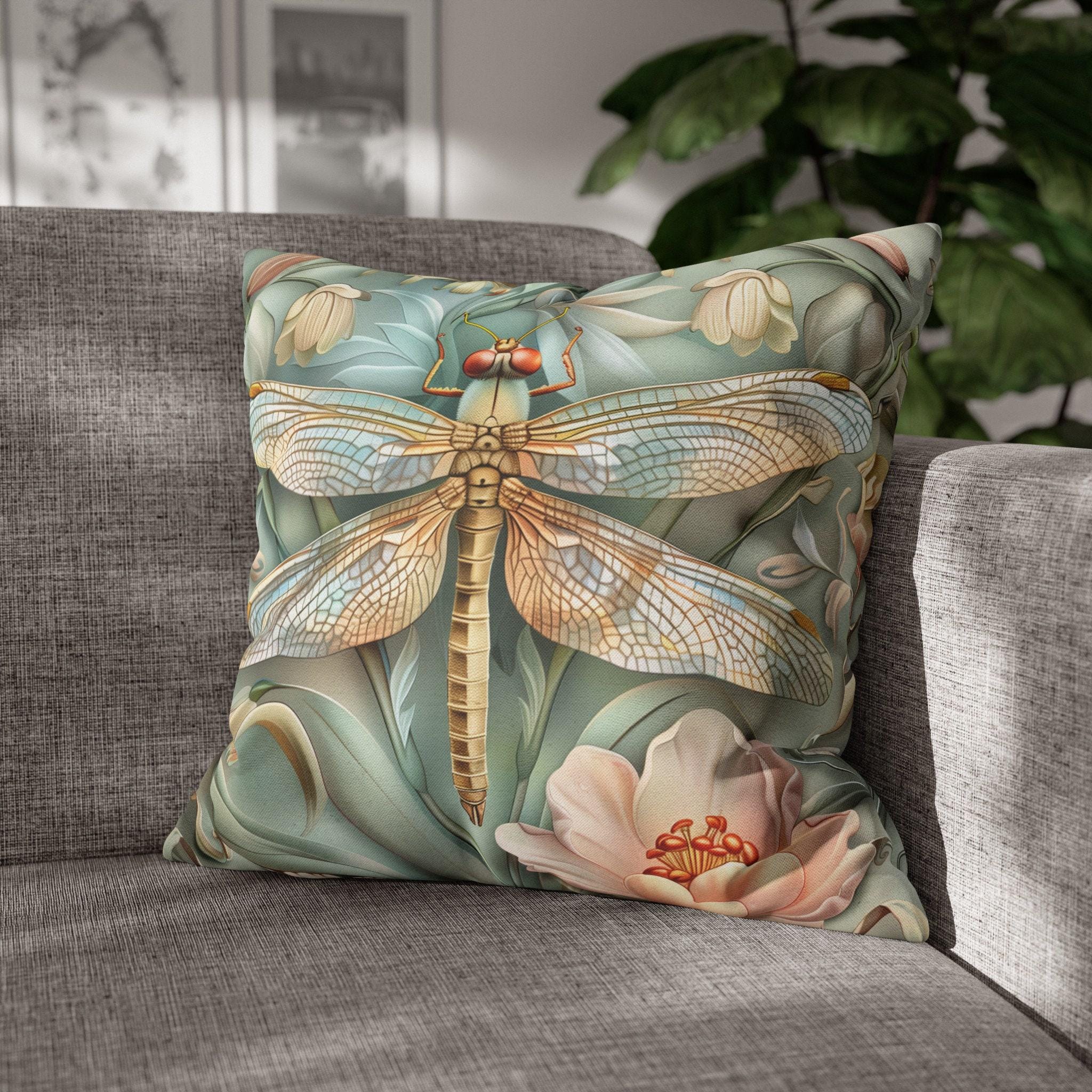 William Morris Inspired Dragonfly Pillow Cover: Elegant Blue, Gold & Pink Nature Design Gift